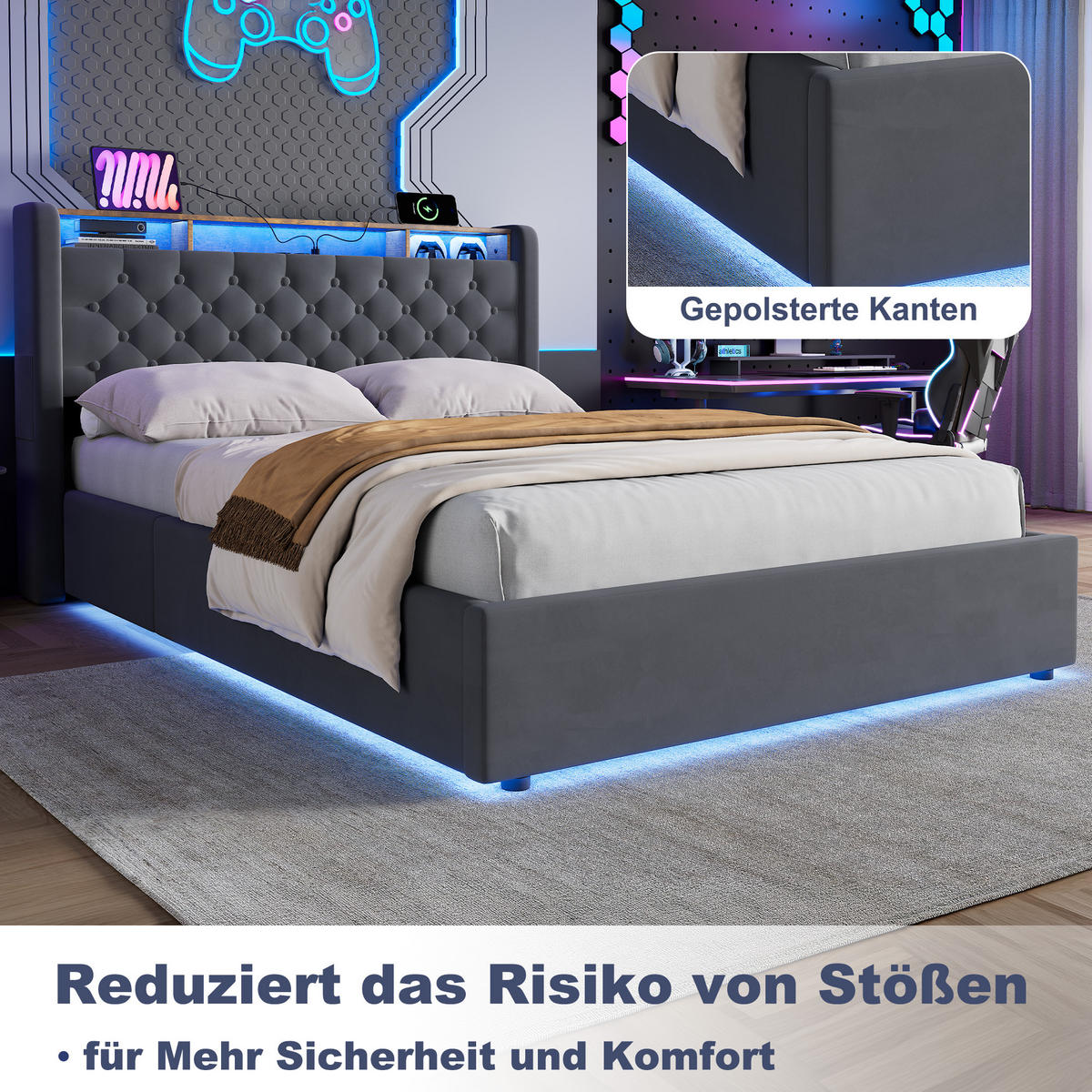 POLSTERBETT 140/190 cm in Grau, mit Bettkasten, LED und USB, ohne Matratze - Grau, Holzwerkstoff/Textil (140/190cm) - WISHDOR