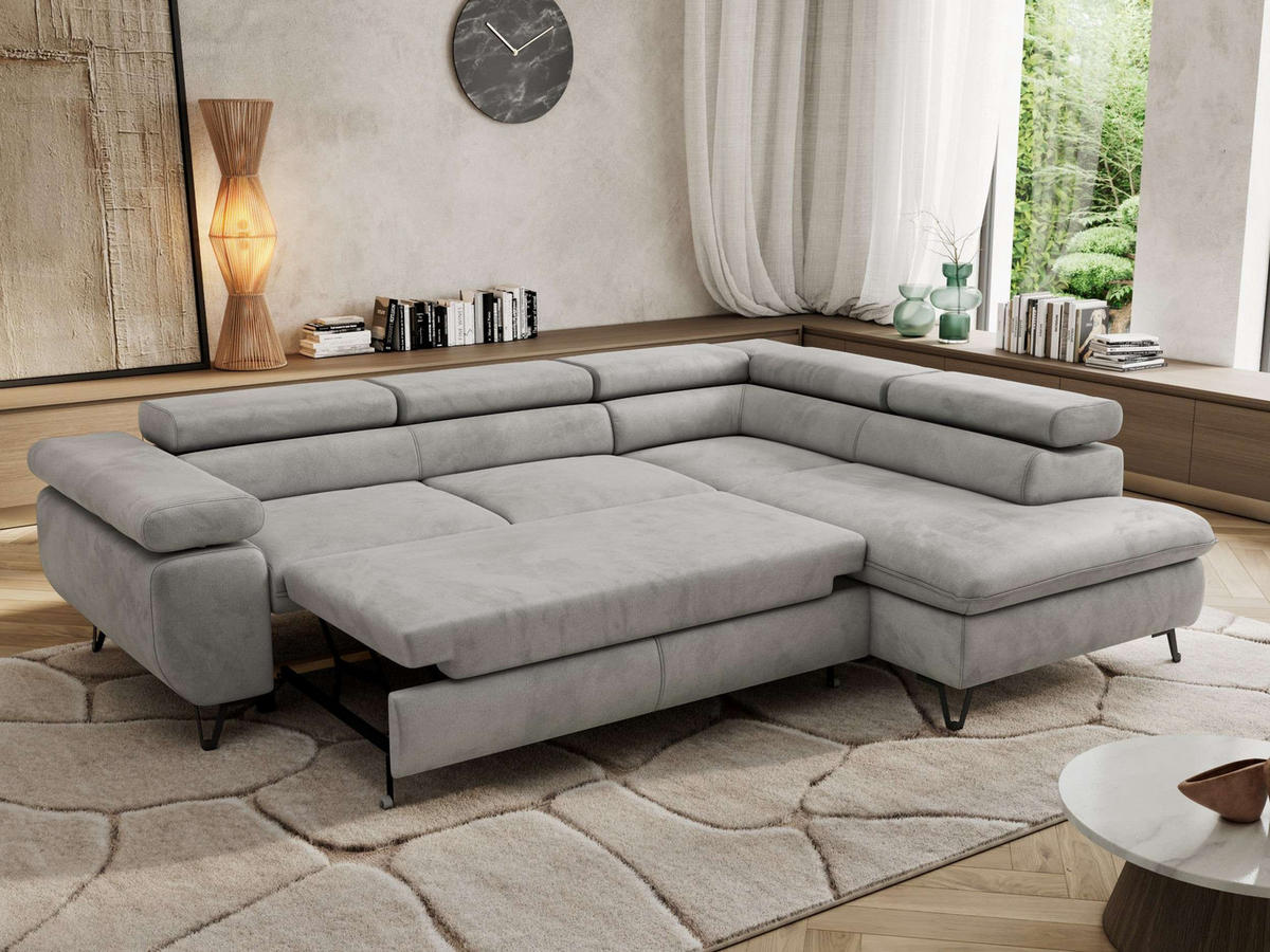 ECKSOFA PABLO L Hellgrau Velvet - Rechts Seite mit T25 Topper - Hellgrau/Schwarz, Textil/Metall (273/208cm) - MKS