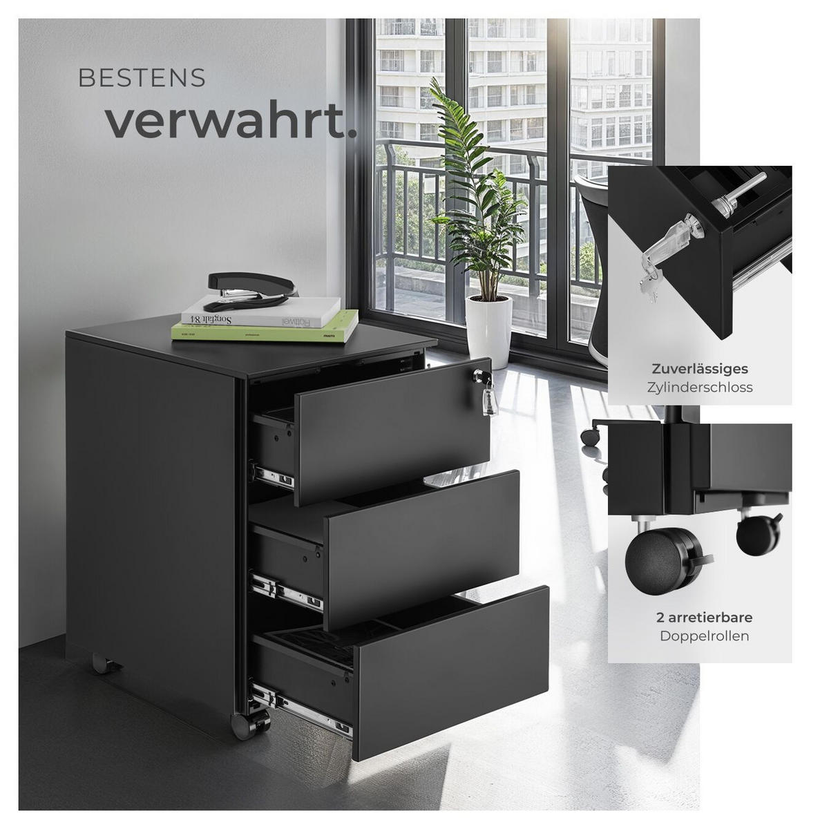 AKTENROLLSCHRANK Magna,39 x 45 x 55 cm,schwarz - Schwarz, Textil (39/55/45cm) - tectake