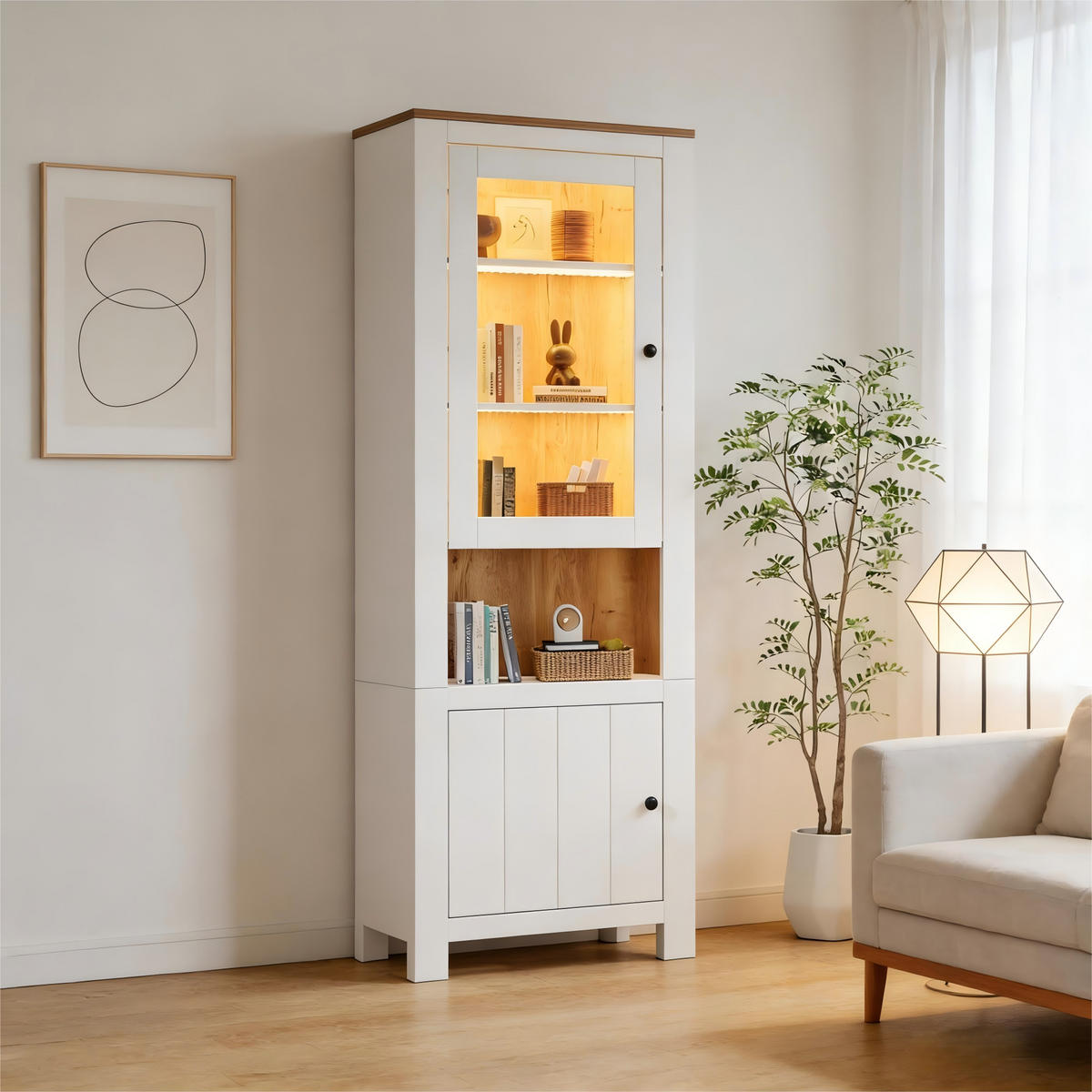 VITRINE weiß mit Glastür, verstellbaren Einlegeböden und App-gesteuerter LED-Beleuchtung 70 × 40 × 188 cm aus Spanplatte und Glas - Weiß, Holzwerkstoff (70/188/400cm) - Luhomfu