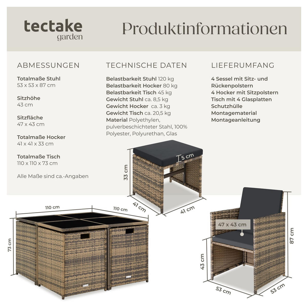 RATTAN-SITZGRUPPE Bilbao 4+4+1 inkl. Schutzhülle,Natur, 4 Sessel 53x53x87 cm, Tisch 110x110x73 cm,Abnehmbare Bezüge,Wasserabweisend - Naturfarben, Kunststoff - tectake