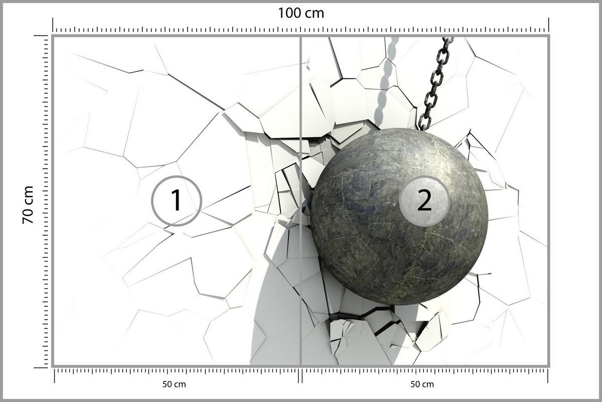 FOTOTAPETE für Büro Metallkugel Riss Weiße Wand 100x70 - Weiß/Grau, Papier (100/70cm) - Muralo
