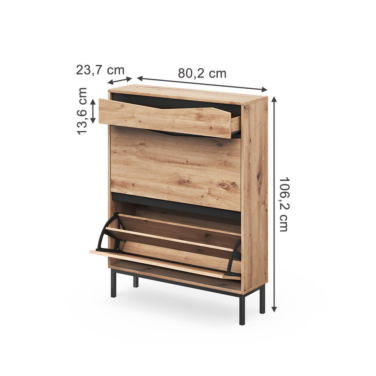 SCHUHKIPPER Elvano, Eiche/Schwarz, 80.2 x 106.2 cm mit 2 Kippfächern & 1 Schubade - Eichefarben/Schwarz, Holzwerkstoff (80.2/106.2/23.7cm) - Vicco