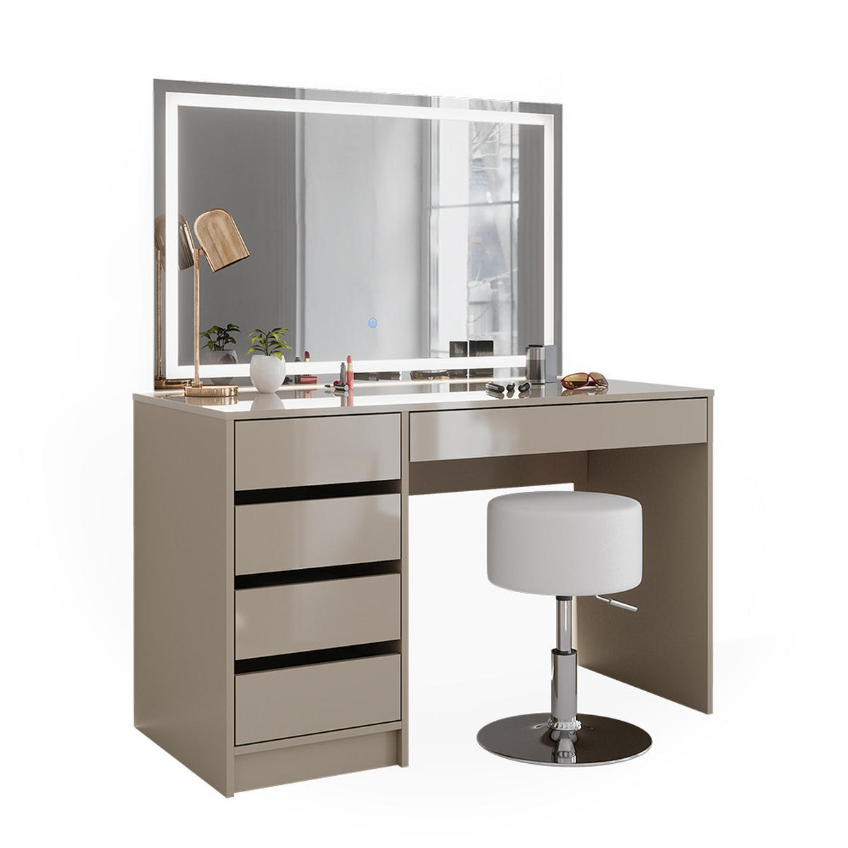 SCHMINKTISCH Sherry Greige 120 cm mit LED-Spiegel und Hocker - Greige, Holzwerkstoff (120/75/55cm) - Vicco