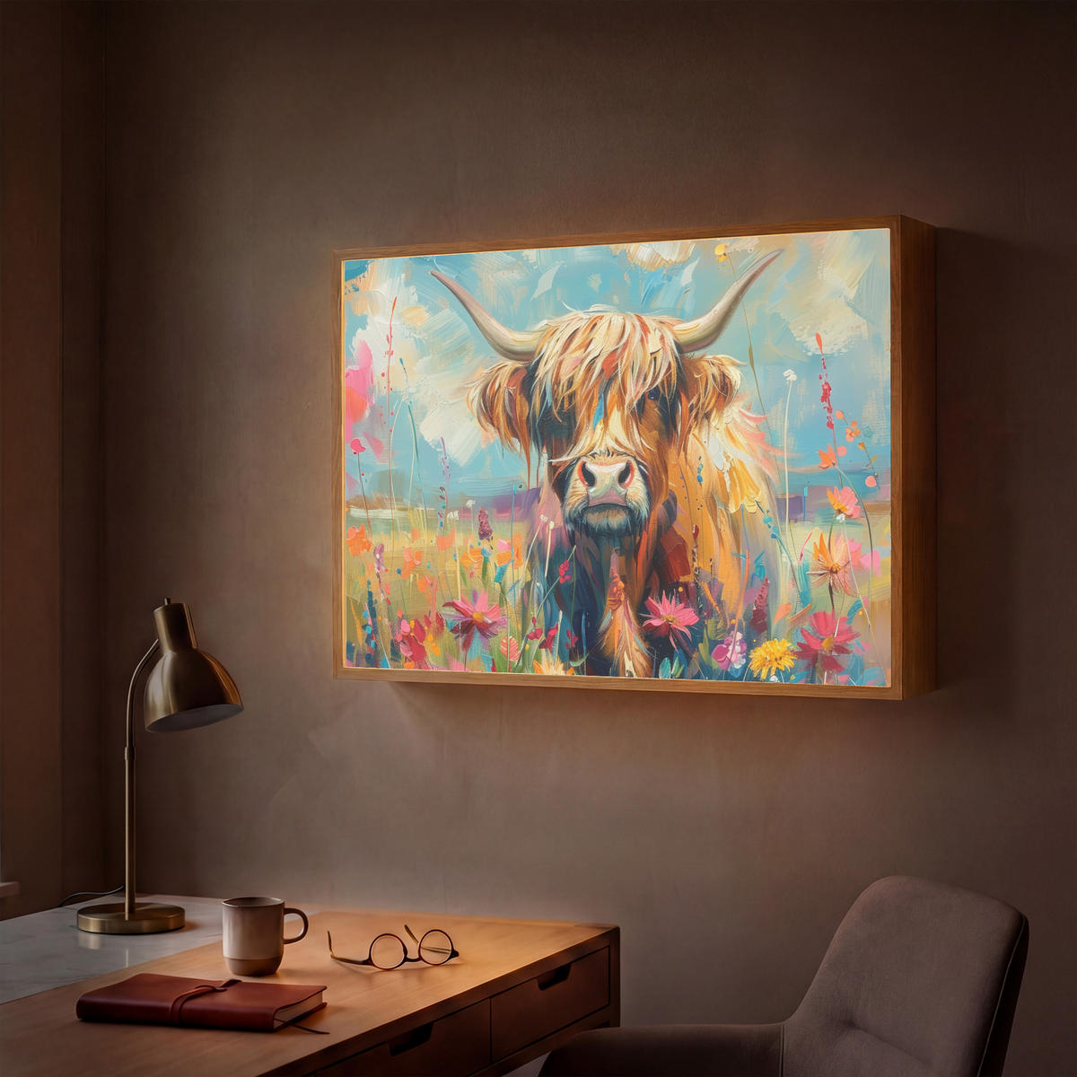 NÁSTĚNNÁ LAMPA S AKUMULÁTOREM Skotský horal - Příroda - Barevné - Květiny 90x60 cm - různobarevná, kompozitní dřevo (90/60/8cm) - OnlyWow