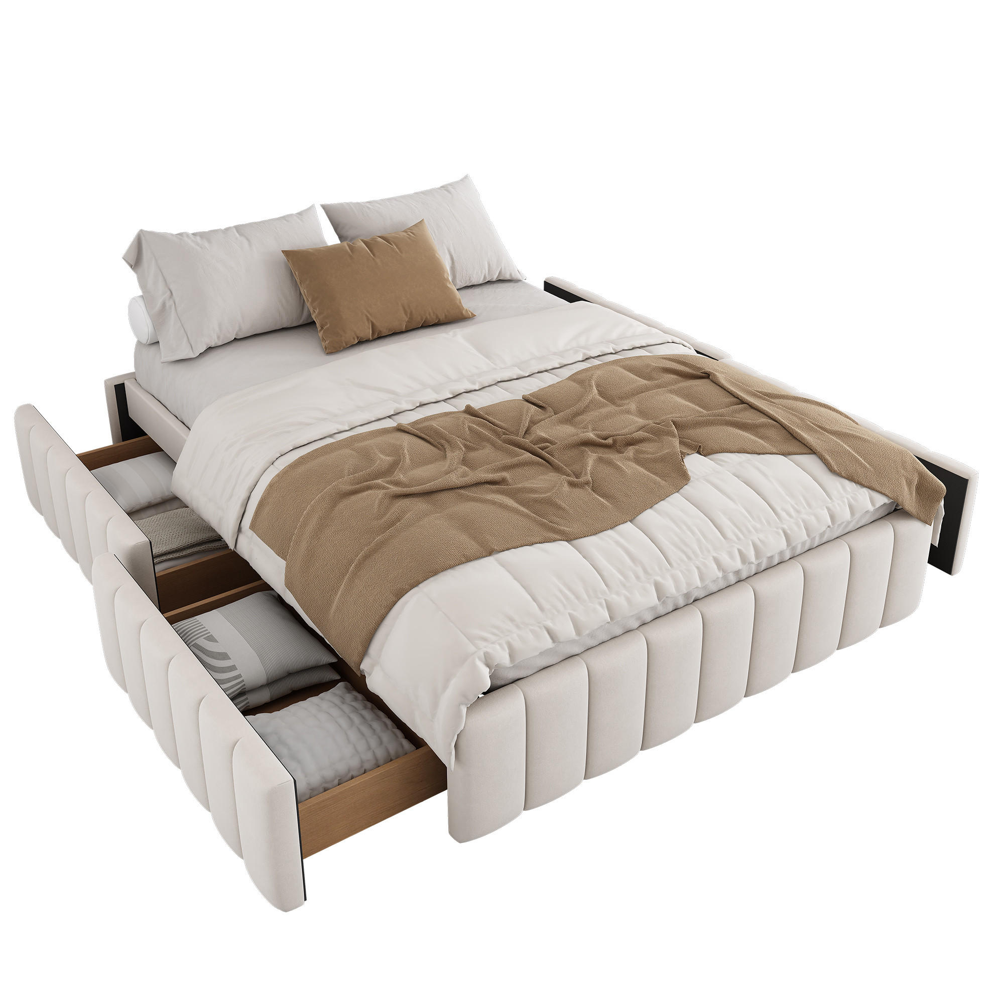 OKWISH ČALOUNĚNÁ postel 140/200 cm béžová ze sametu se 4 zásuvkami a lamelovým roštem