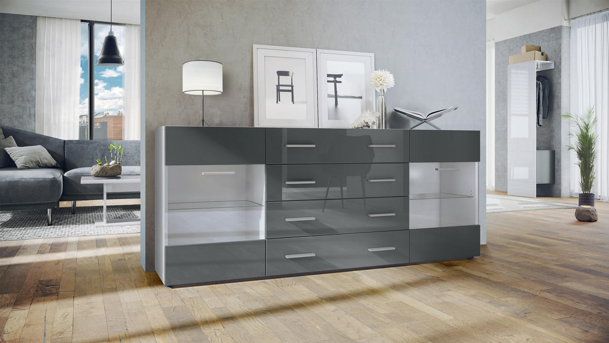 SIDEBOARD Carlos Grau Hochglanz - Grau, Holzwerkstoff (166/72/35cm) - Vladon