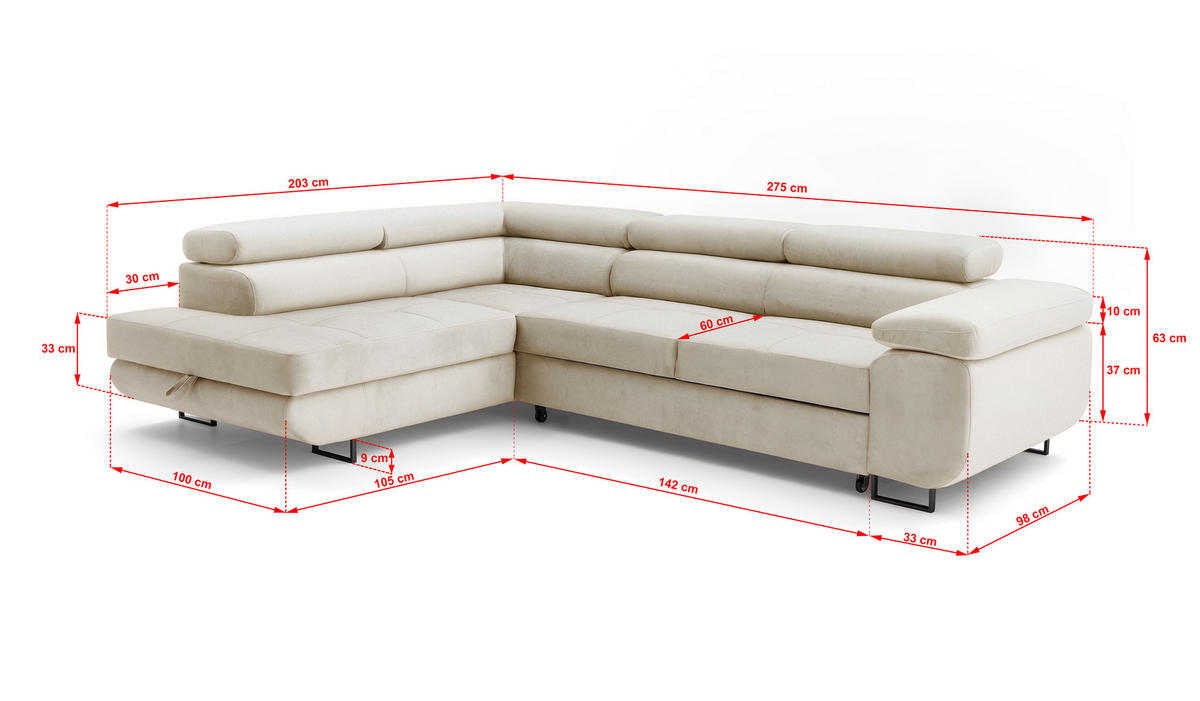 ECKSOFA Velmo mit Bettkasten und Schlaffunktion, verstellbaren Kopfstützen, in L-Form - Beige, Textil (275/203cm)