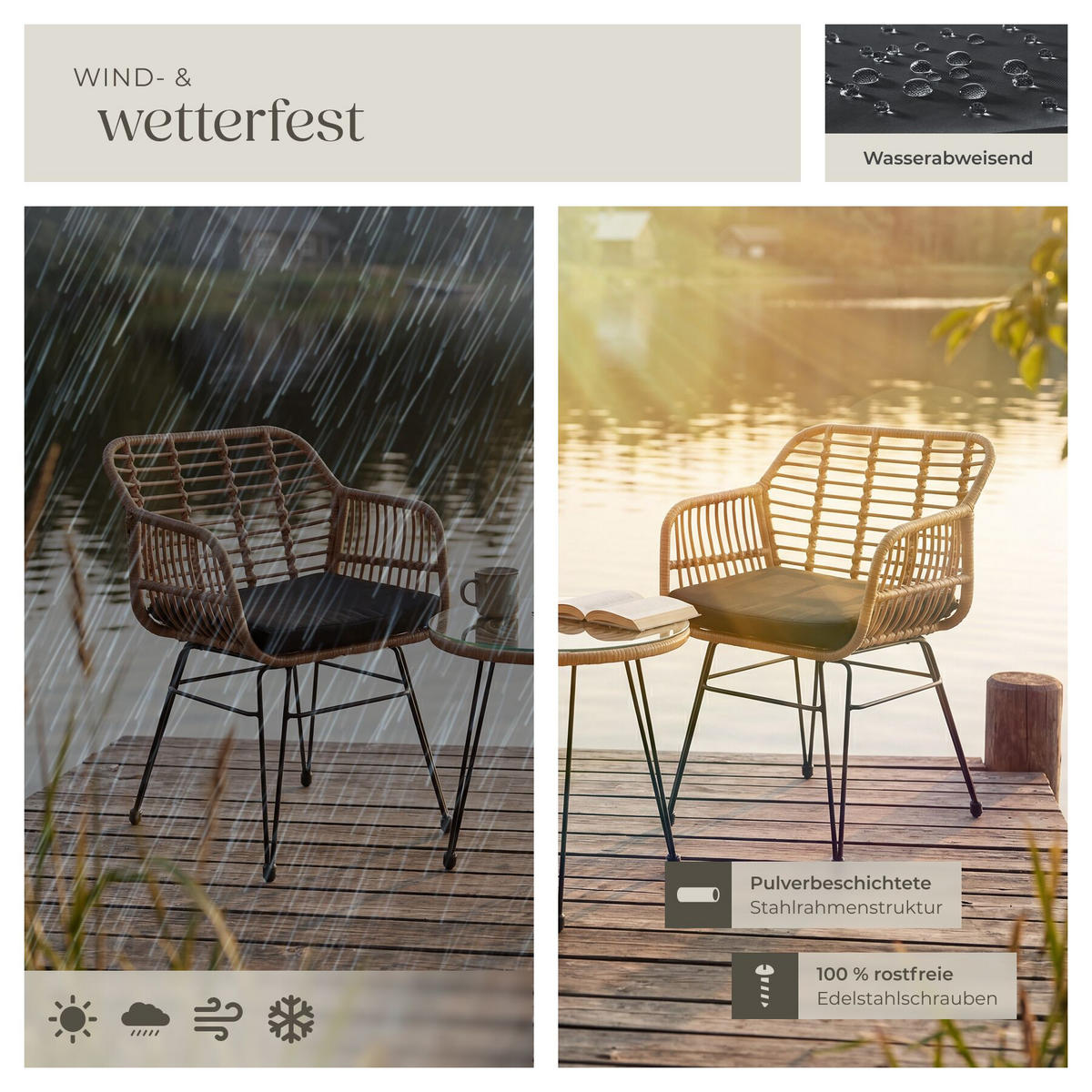 RATTAN-SITZGRUPPE Molfetta 2er Set, UV-beständig, Polyrattan Stahl, natur, 2 Stühle 58x64,5x86,5 cm, Tisch 51x55,5 cm, wasserabweisend - Naturfarben, Kunststoff - tectake