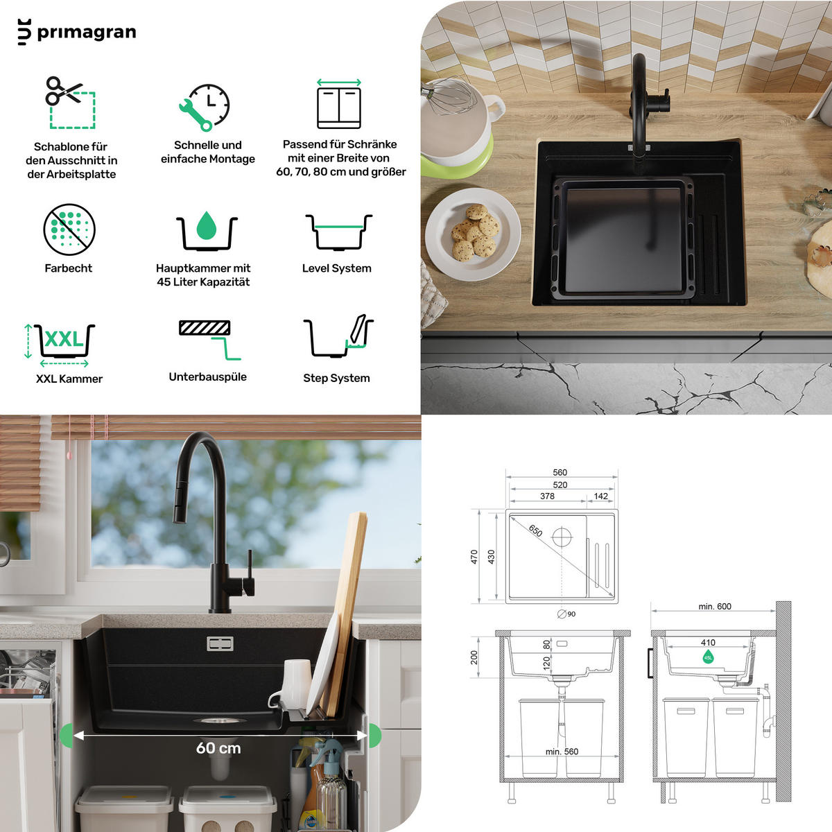 UNTERBAUSPÜLE GRANIT Praga, 2-er set Weiß 56/47 cm 1 Becken + Ablauf-Set + Aufrollbare Abtropffläche ab 60er Unterschrank - Chromfarben/Weiß, Kunststoff (56/20/47cm) - Primagran