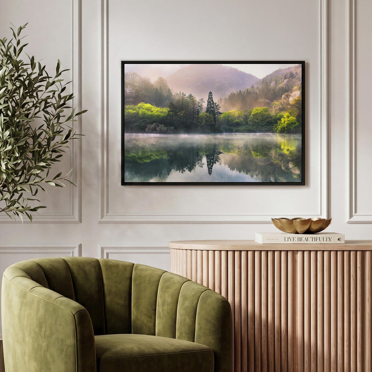 LEINWAND Bilder mit Rahmen - Natur - Bäume - Berge - See - Wasser - 60x40 - Hellgrün, Textil (60/40cm) - MuchoWow
