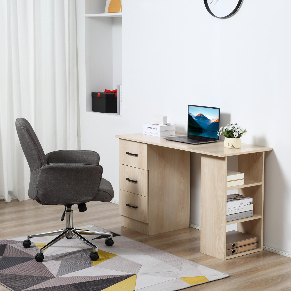 SCHREIBTISCH DE-14868 mit 3 Schubladen & 3 Regalböden Holzoptik - Naturfarben, Holzwerkstoff (120/49/72cm) - ComfortXL