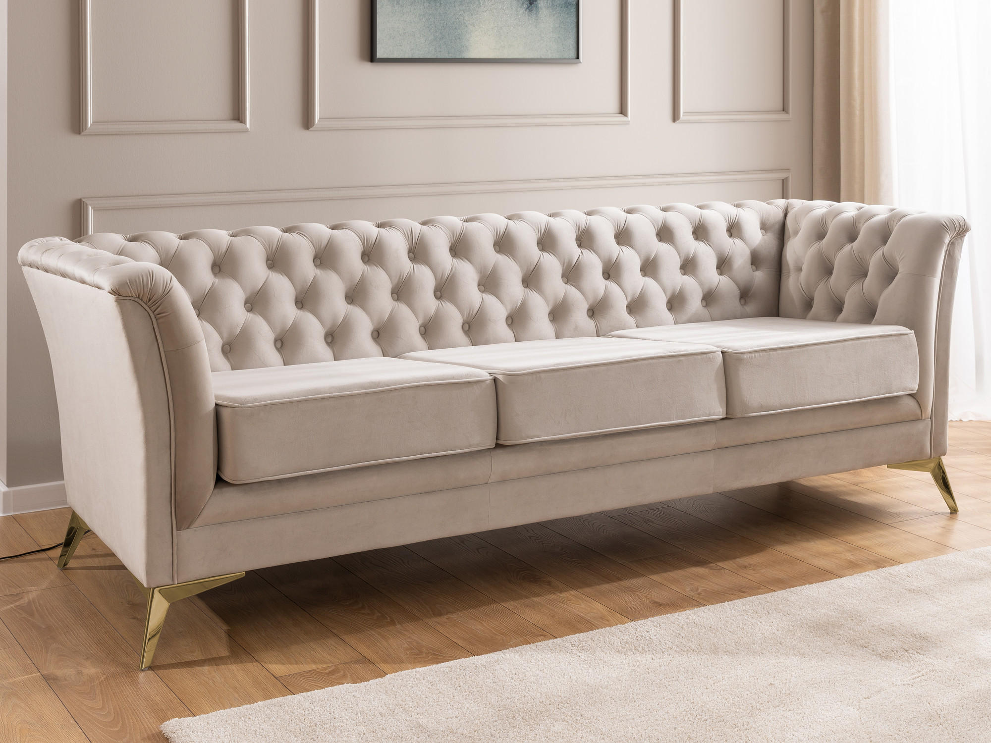 CHESTERFIELD-SOFA 3-sitzer Whitby Beige Samt mit goldenen Füßen - Beige/Goldfarben, Holz/Textil (237/78/82cm) - S-Style Möbel