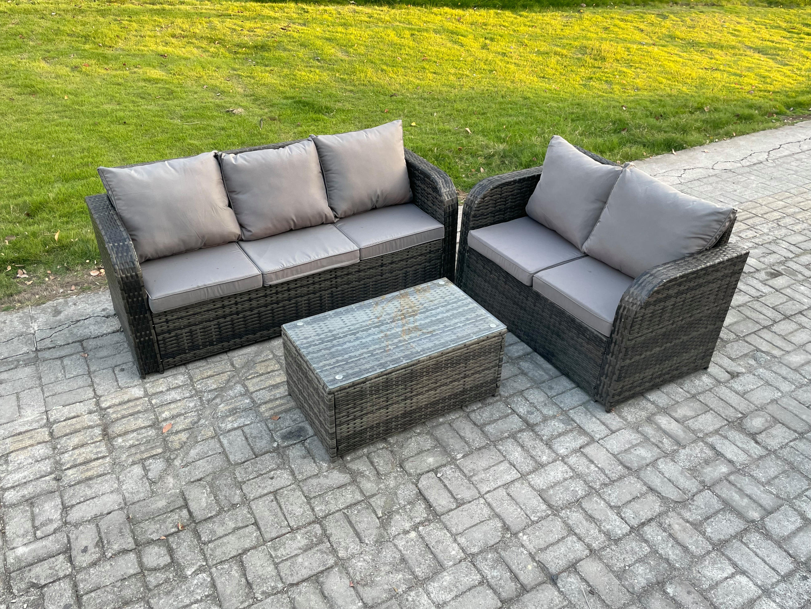 GARTENMÖBELSET mit Couchtisch Polyrattan 5-Sitzer - Dunkelgrau/Grau, Glas/Kunststoff - Fimous