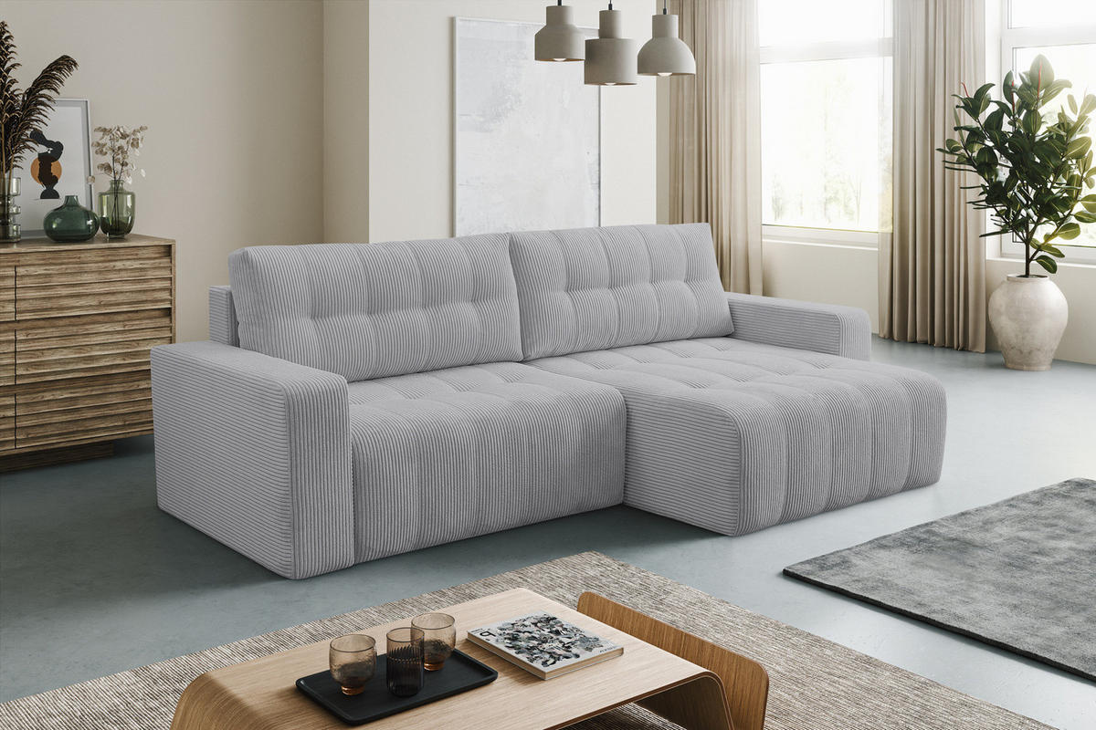 ECKSOFA Palermo mit Schlaffunktion und Bettkasten in Cordstoff - Dunkelgelb/Hellgrau, Holz/Holzwerkstoff (245/143cm) - Ravio