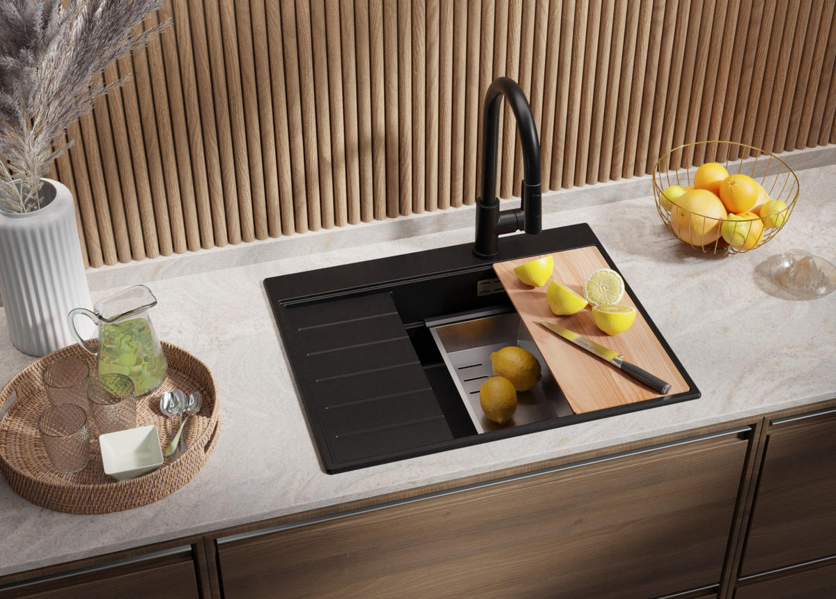 GRANITSPÜLE Sydney, 2-er set Schwarz 62/50 cm 1 Becken + Küchenarmatur 32/20 cm + Ablauf-Set + Küchenzubehörset ab 45er Unterschrank - Chromfarben/Beige, Kunststoff (62/20/50cm) - Primagran