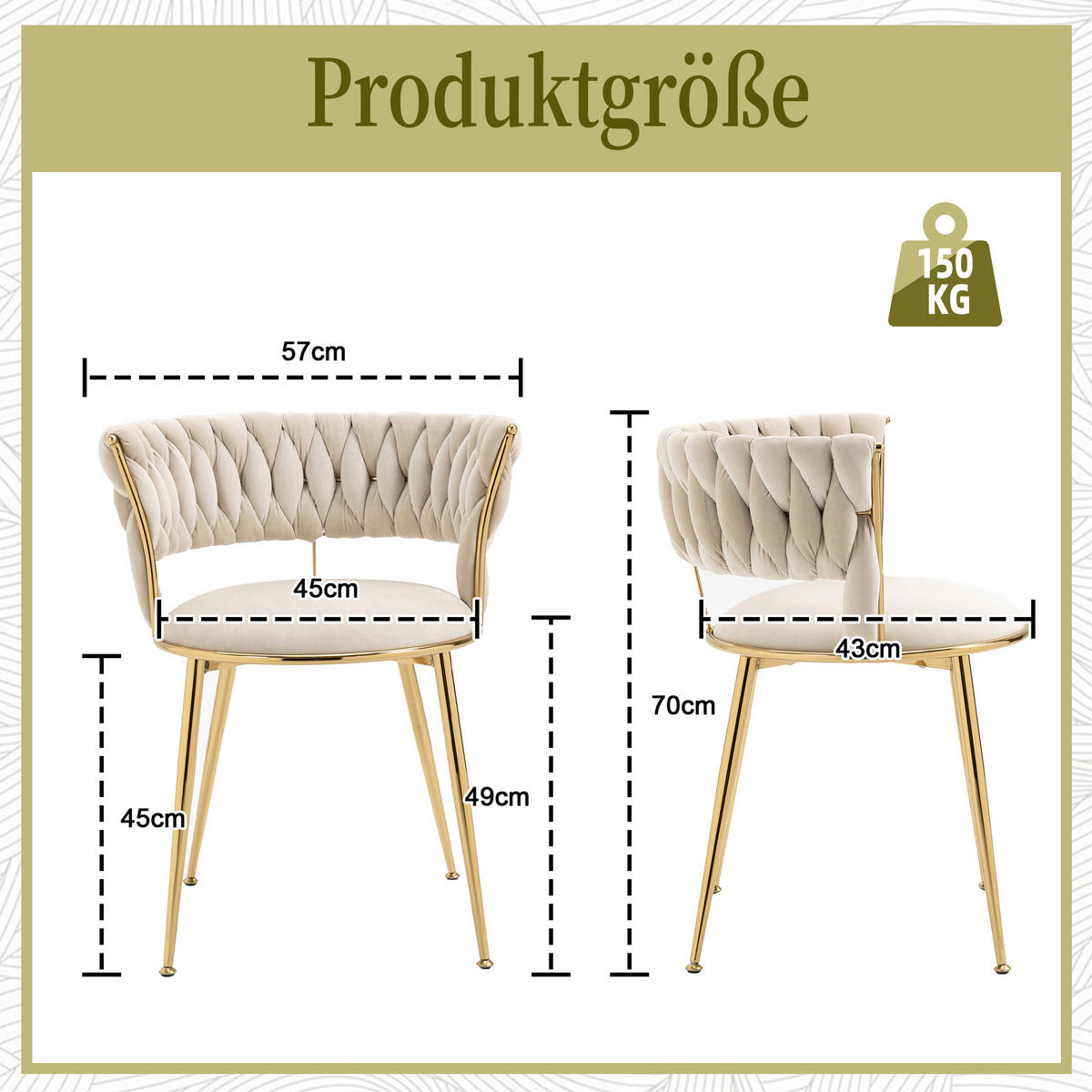 JÍDELNÍ ŽIDLE sada 2 ks samet slonová kost a zlato s pleteným opěradlem - magnolie, textil (57/70/43cm) - Urban Meuble
