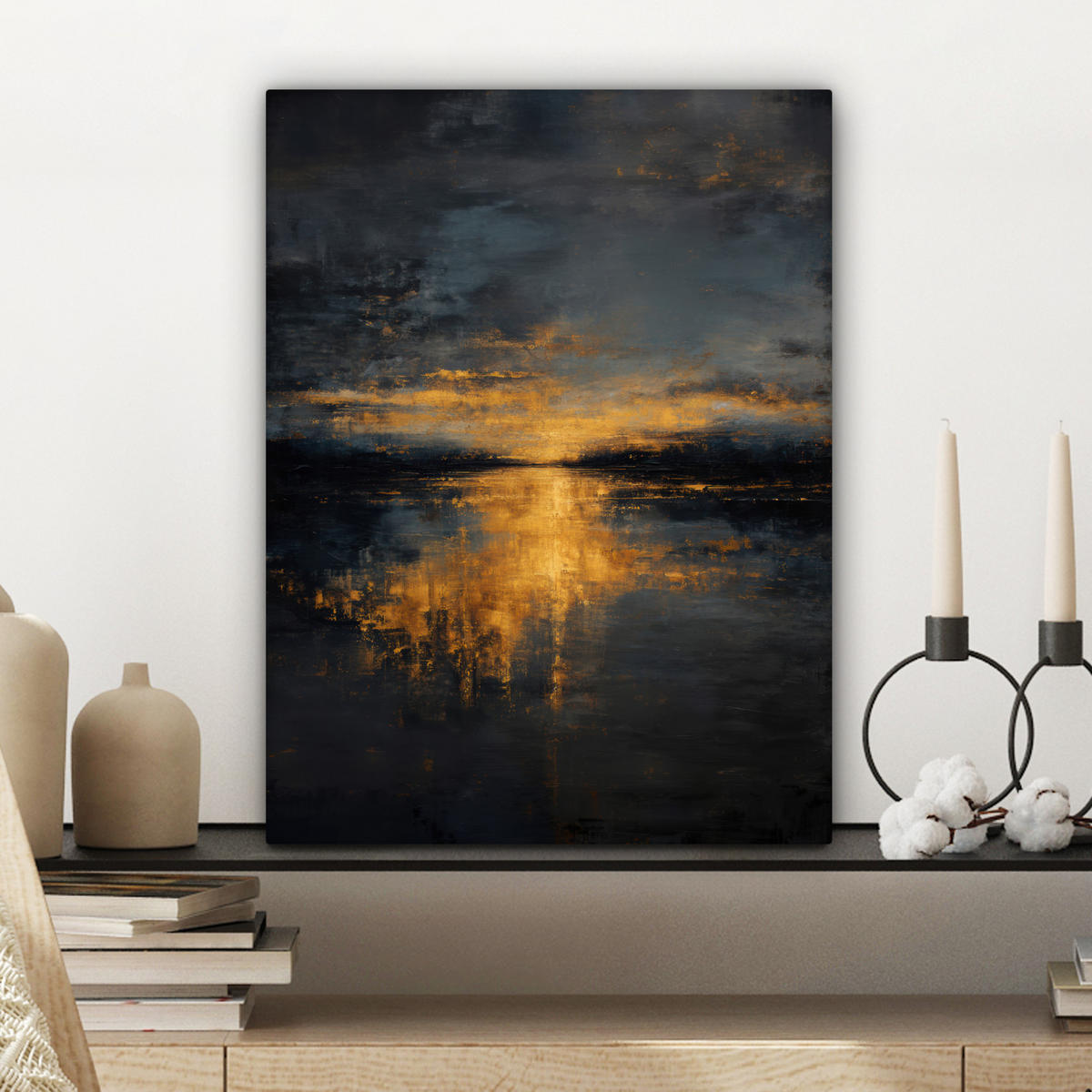 LEINWANDBILD Goldene Reflexion auf dem Wasser Room Decor 30x40 cm - Anthrazit, Textil (30/40cm) - MuchoWow