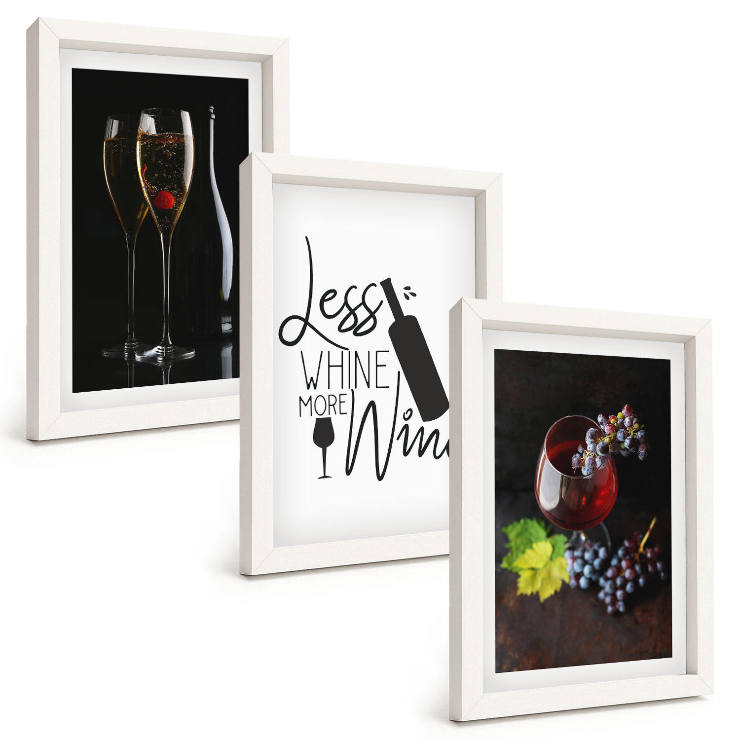 BILDER SET 3er Set - 20x30 cm Weißer Rahmen - Weingläser mit Trauben und Inschrift - Weiß, Kunststoff (20/30cm) - TULUP