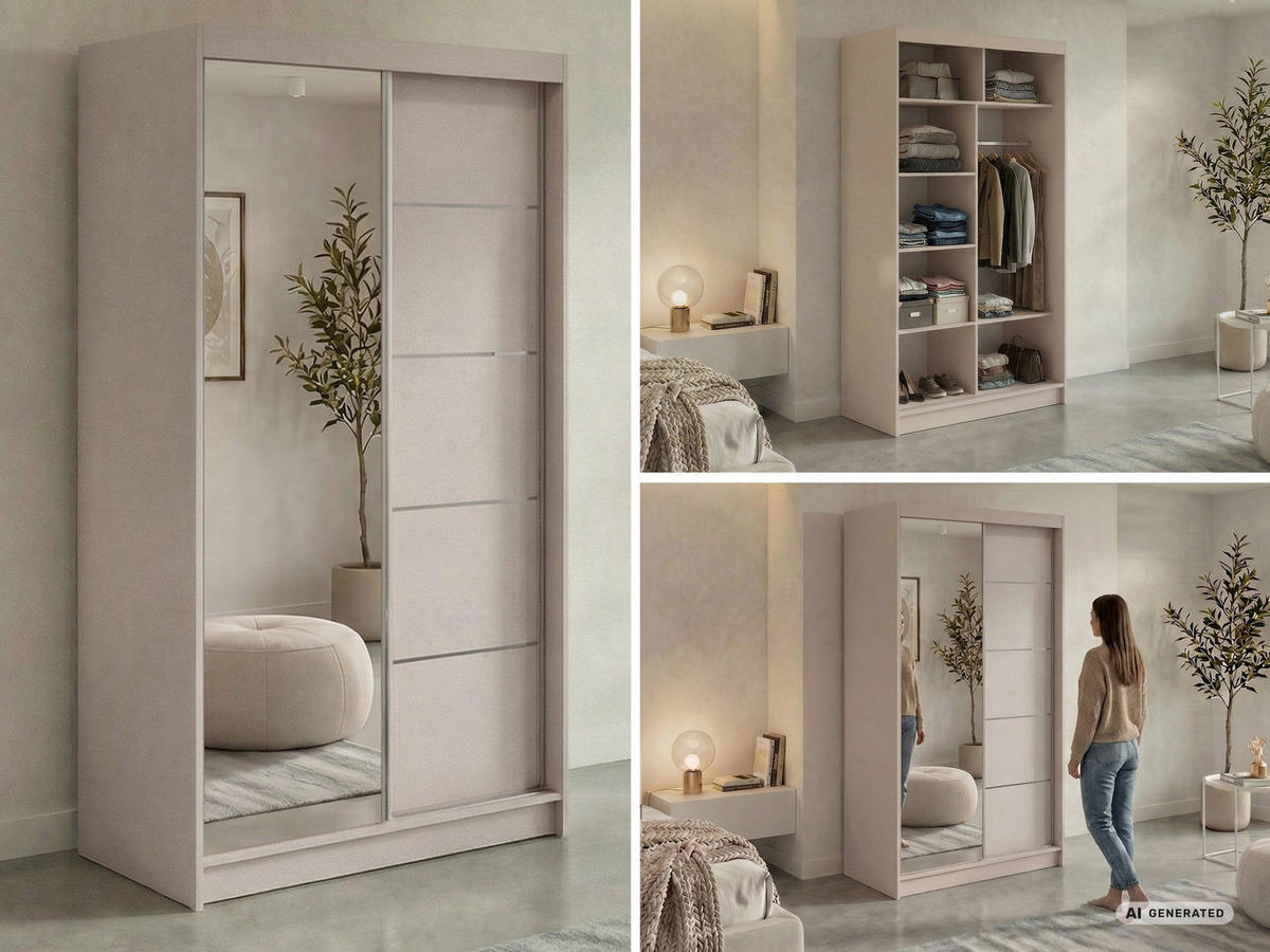 SCHWEBETÜRENSCHRANK 120 - SKORIA - Kaschmir mit Spiegel - Kaschmir/Alufarben, Holzwerkstoff/Metall (120/216/61cm) - MKS