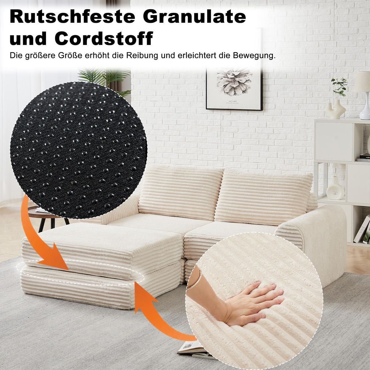 SCHLAFSOFA aus Cord mit modularem Aufbau & herausnehmbarer Fußstütze, 243/194/53 cm, Beige - Beige, Textil (243/53/194cm) - Redom