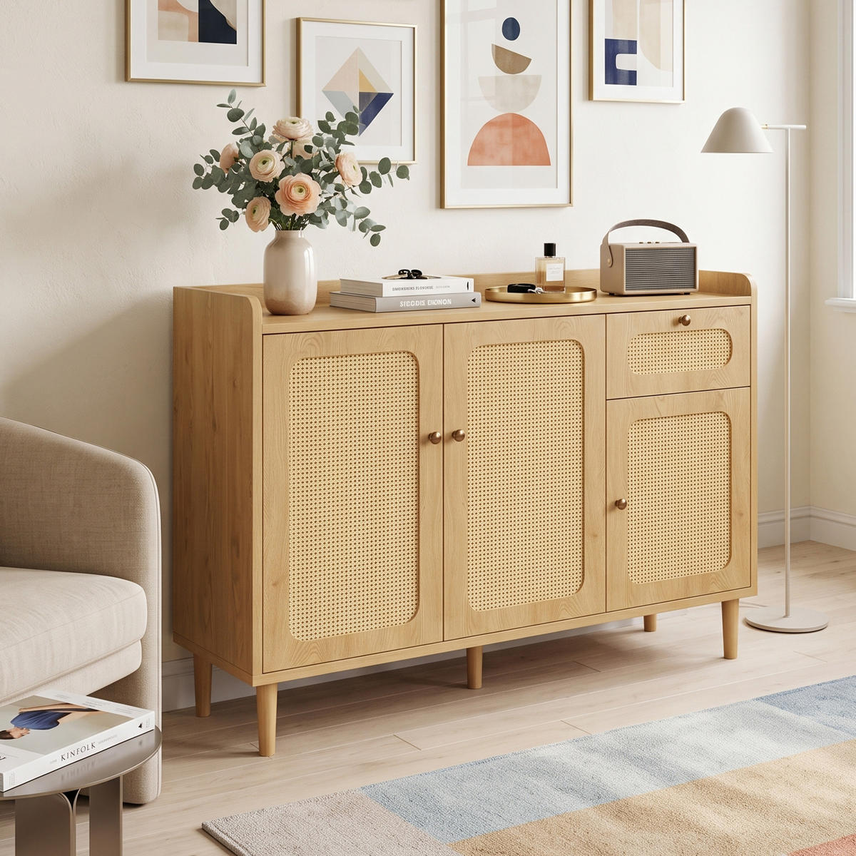 SIDEBOARD Eiche-Optik mit Rattan-Geflecht, 3 Türen & 1 Schublade - Eichefarben, Holzwerkstoff (120/91/40cm) - Urban Meuble