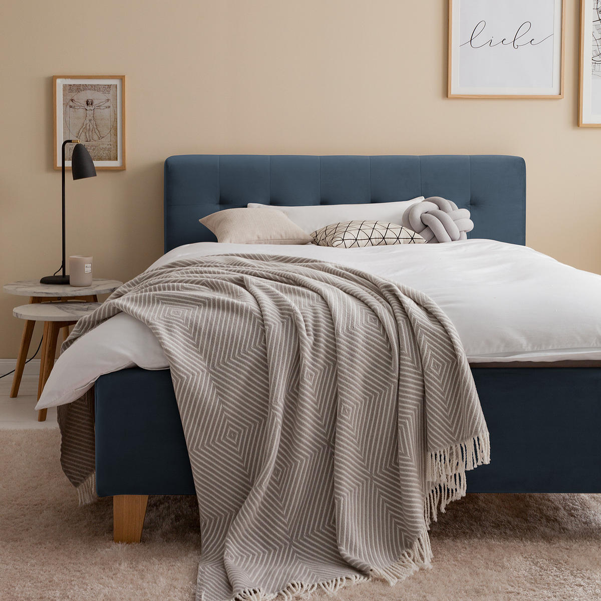 POLSTERBETT - Samt - Dunkelblau, Holz/Textil (140/200cm) - home24