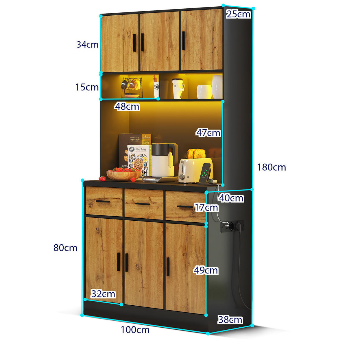 BUFFETSCHRANK aus MDF, mit LED, 3 Schubladen & Steckdosenleiste, 100/40/180 cm, Schwarz/Natur - Schwarz, Holzwerkstoff (100/180/40cm) - Modfu