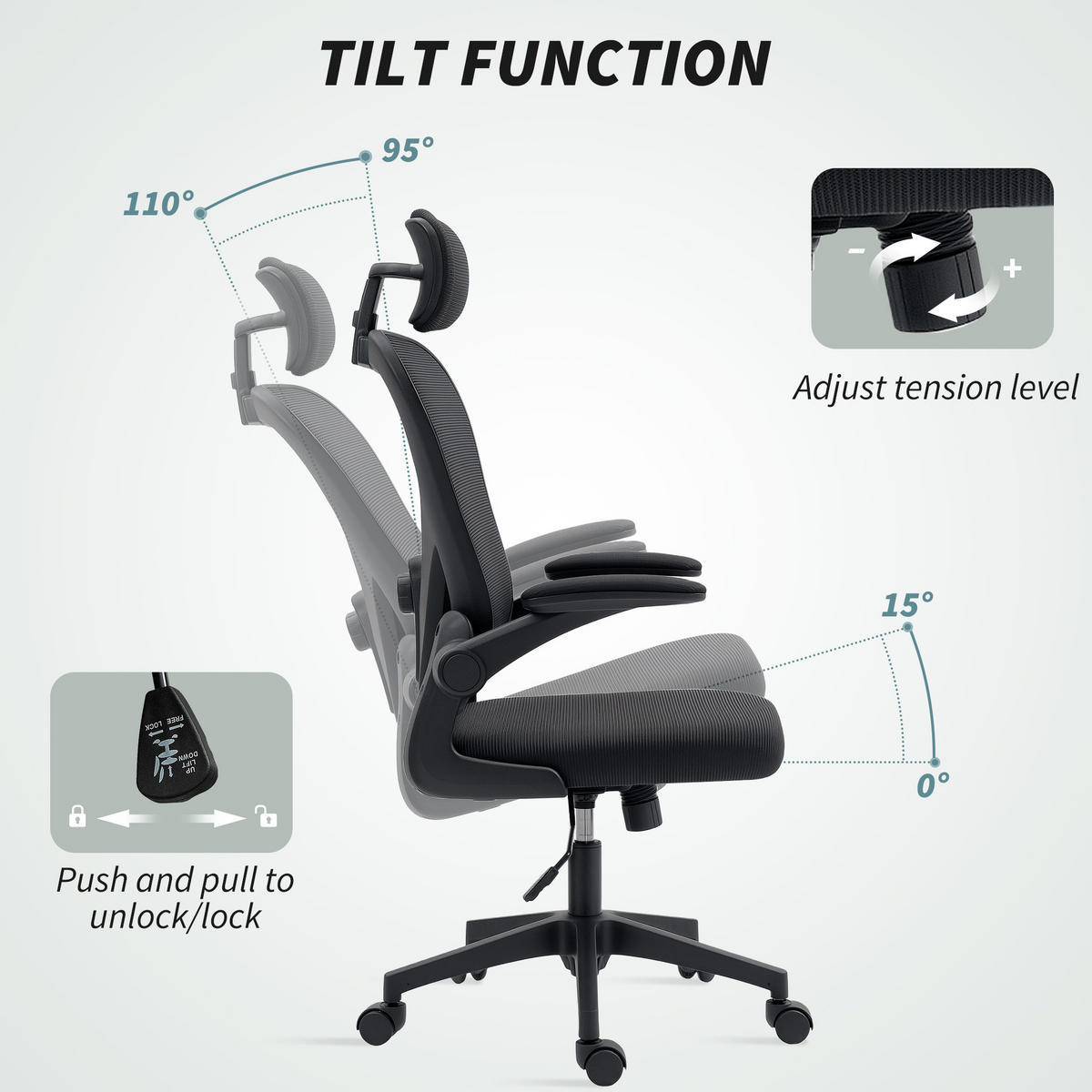 BÜROSTUHL Ergonomischer Schreibtischstuhl mit Hochklappbaren Armlehnen Schwarz - Schwarz, Kunststoff/Textil (63/125/64cm) - HOMCOM