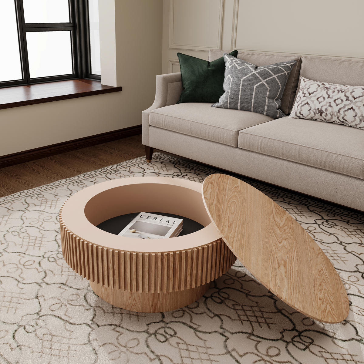 COUCHTISCH DE-37318 rund mit verstecktem Stauraum und Rillendesign Naturholz - Naturfarben, Holzwerkstoff (75/75/35cm) - ComfortXL