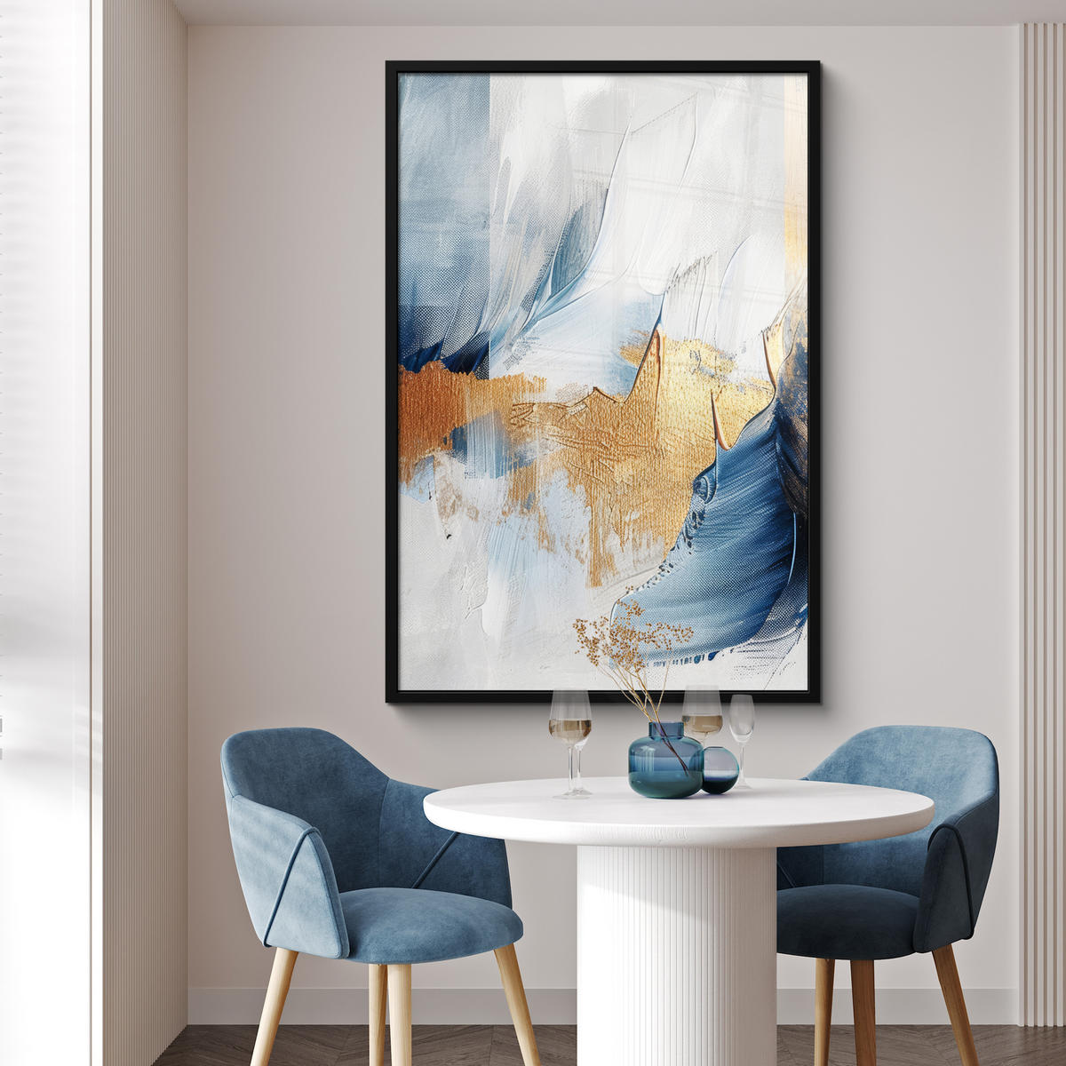 GERAHMTES BILD Gold - Blau - Aquarell - Kunst - Modern 80x120 cm - Hellblau, Papier (80/120cm) - MuchoWow