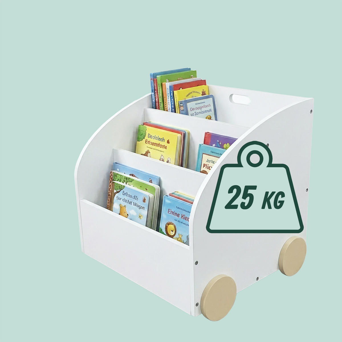 BIBLIOTECĂ Alb natural copii 3-compartimente cu roți - alb, compozit lemnos (46/43.5/40cm) - Relaxdays