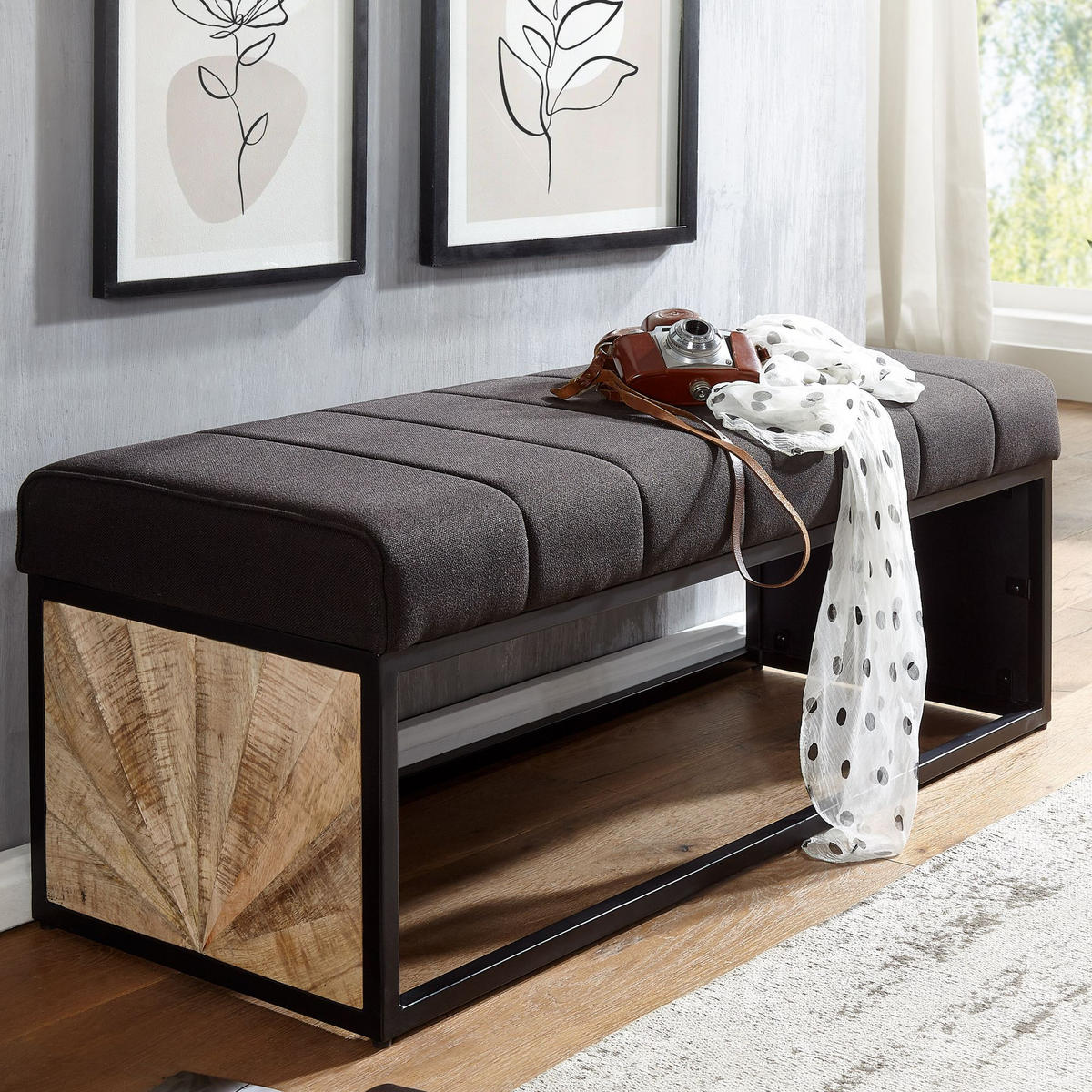 SITZBANK – Metall, Retro-Look, Rillenmuster - Schwarz, Textil/Metall (105/40/40cm) - KADIMA DESIGN