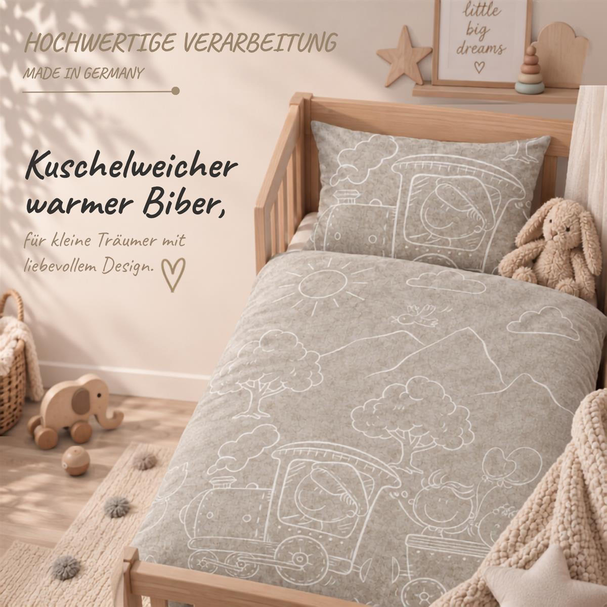 BIBER-BETTWÄSCHE 135x200 Kinder - Made in Germany! Flauschig warmer Flanell Kinderbettwäsche aus 100% Baumwolle für Herbst & Winter - Lokomotive Natur - Naturfarben, Textil (135/200cm) - Carpe Sonno