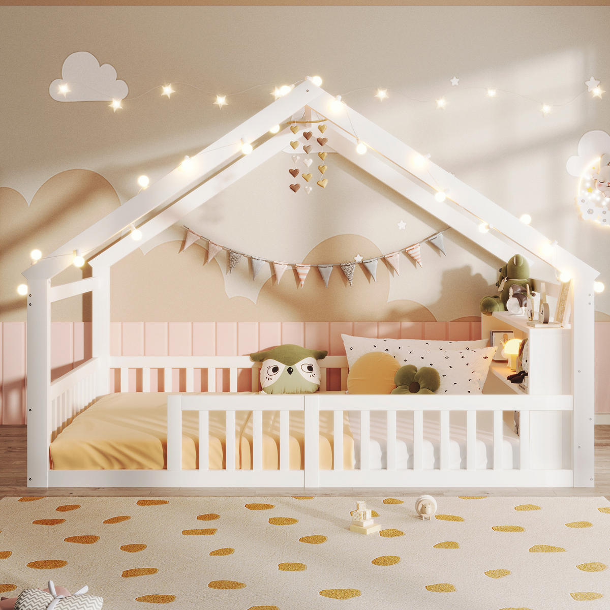 KINDERBETT 140/200cm weiß aus Kiefernholz mit Regal - Weiß, Holz (140/190cm) - OKWISH