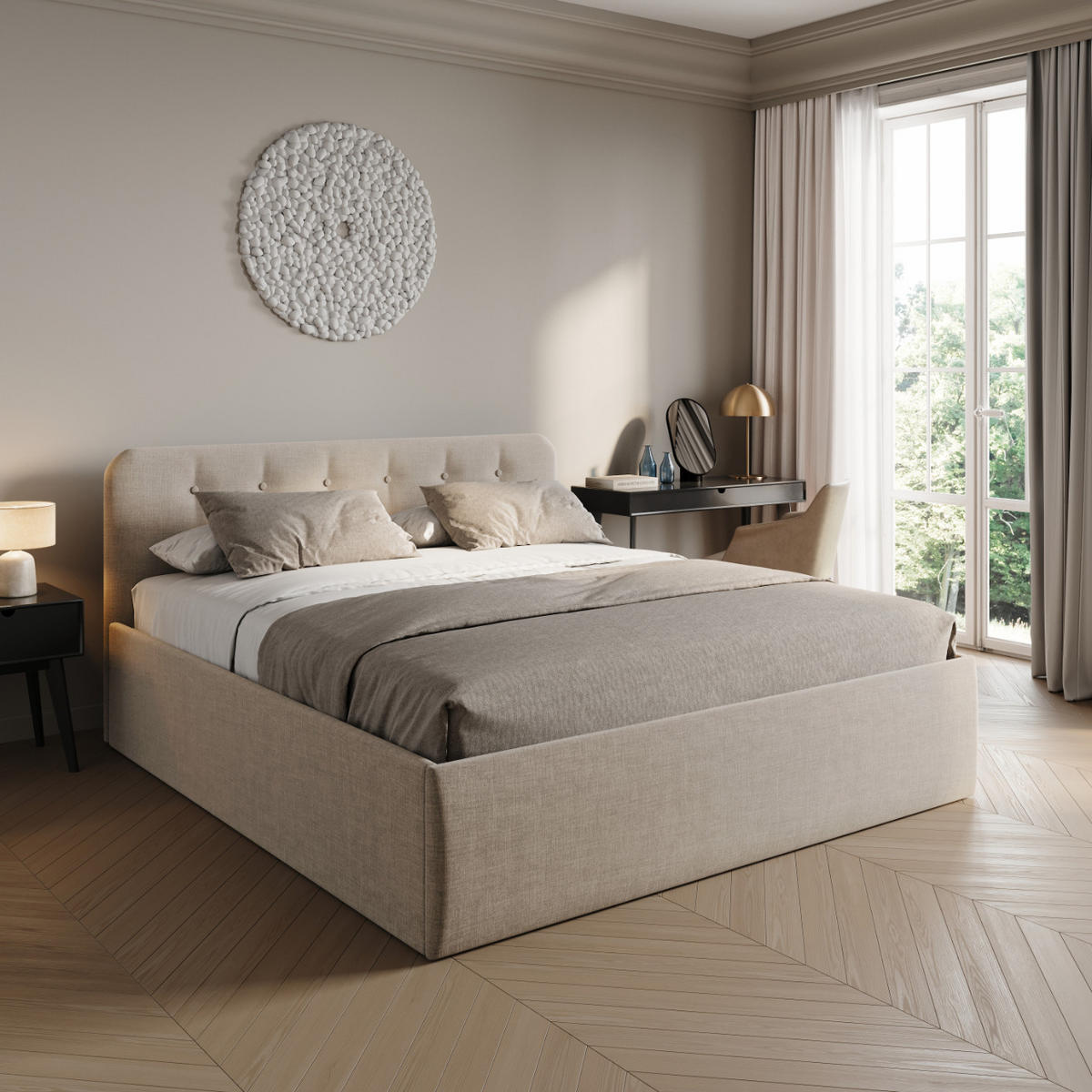 POLSTERBETT mit verstellbarem Lattenrost & Bettkasten, Kaltschaummatratze, 180 x 200 cm in Creme - Creme, Holzwerkstoff/Textil (180/200cm) - Home Collective