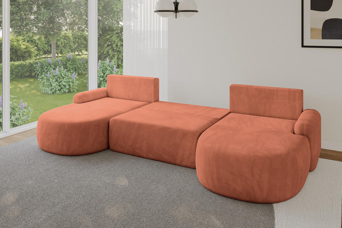 WOHNLANDSCHAFT mit Schlaffunktion und Bettkasten LIRA-U - 335x172x89 Apricot - Orange, Holzwerkstoff/Textil (335/89/172cm) - ALTDECOR