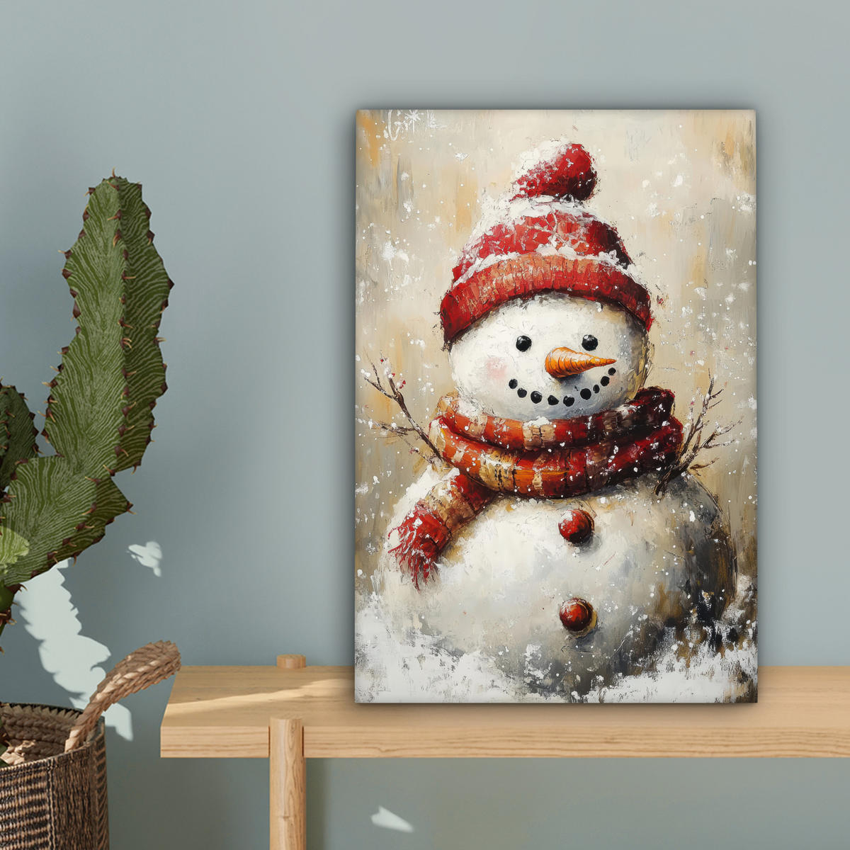 LEINWANDBILD Schneemann - Winter - Schnee - Beige Deko Wohnzimmer 20x30 cm - Weiß, Textil (20/30cm) - MuchoWow