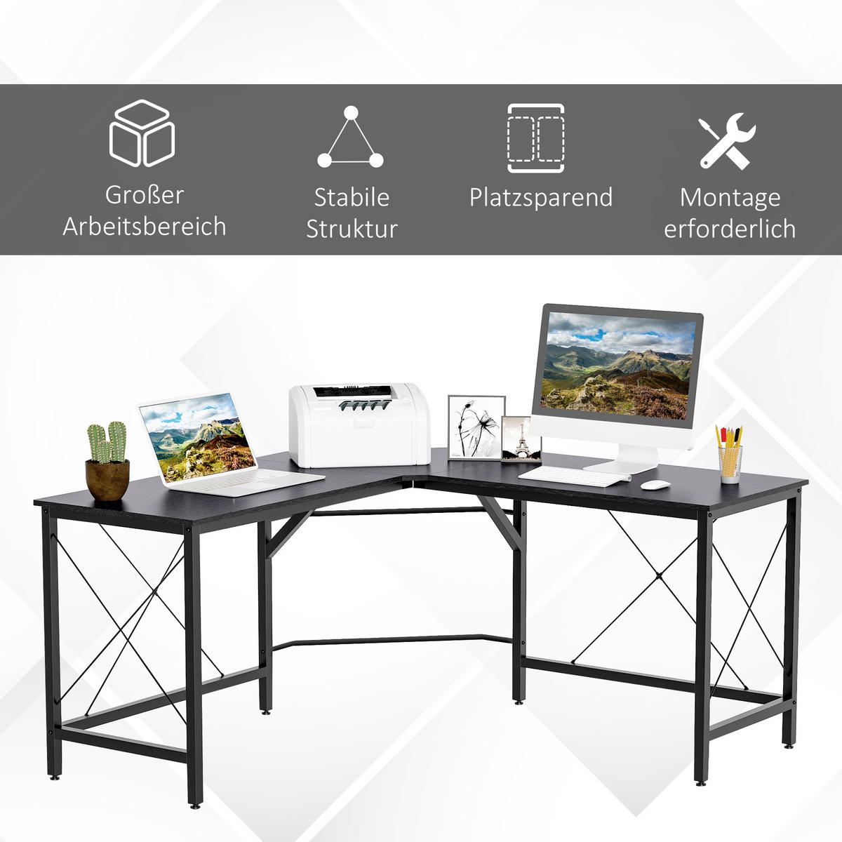 SCHREIBTISCH L-Form, MDF, Schwarz - Schwarz, Kunststoff (150/150/76cm) - HOMCOM