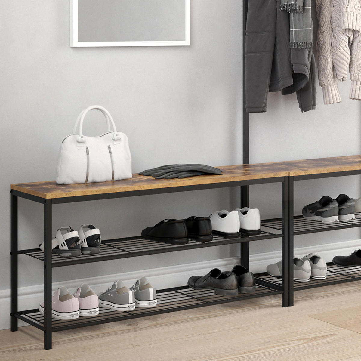 SCHUHBANK Fyrk Antikholz 100 x 51.5 cm - Eichefarben/Schwarz, Holzwerkstoff (100/51.5/30cm) - Vicco