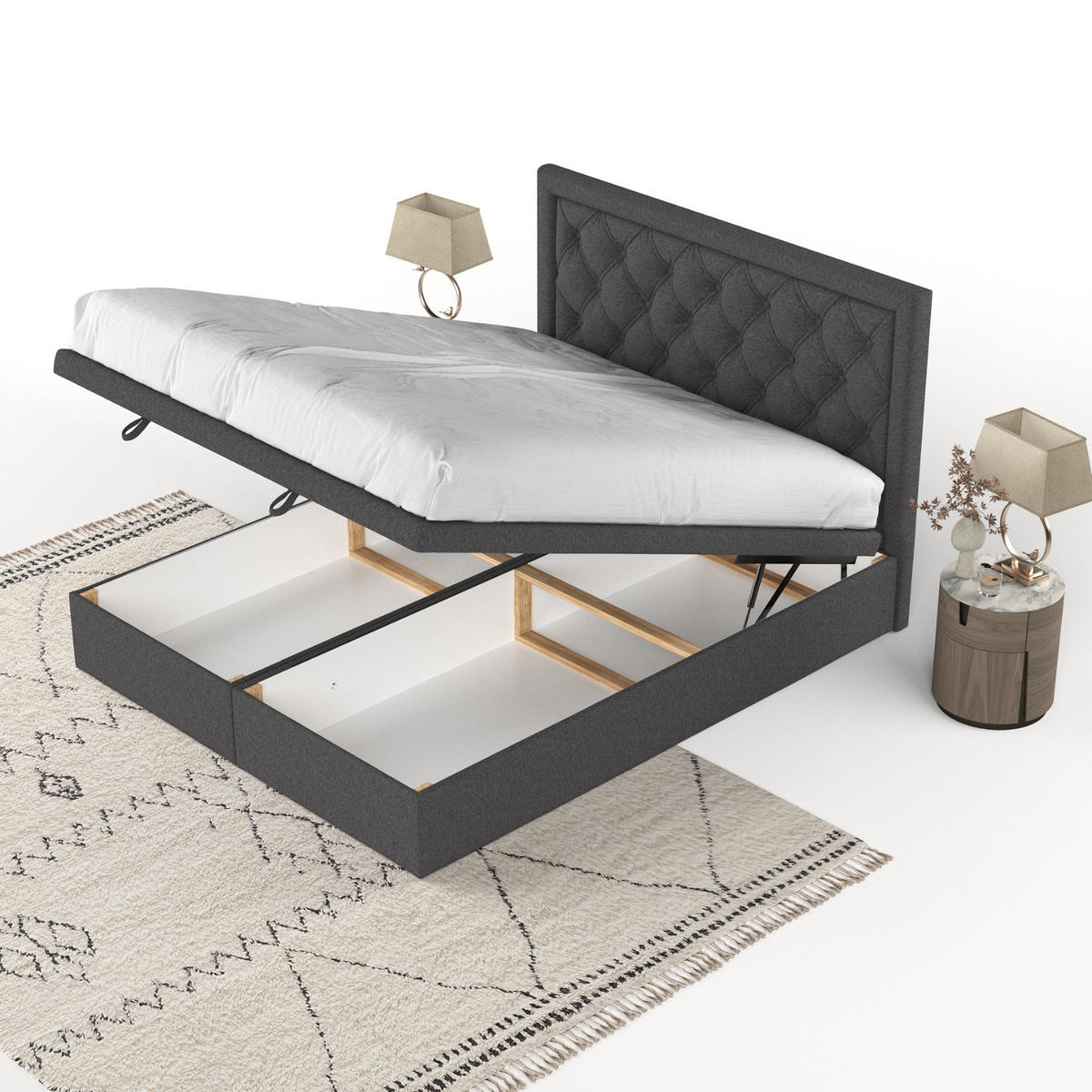 POLSTERBETT Nicobar mit Stauraum 140/200 cm Anthrazit im Megan Stoff - Anthrazit/Schwarz, Holz/Holzwerkstoff (140/200cm) - AltaBeds