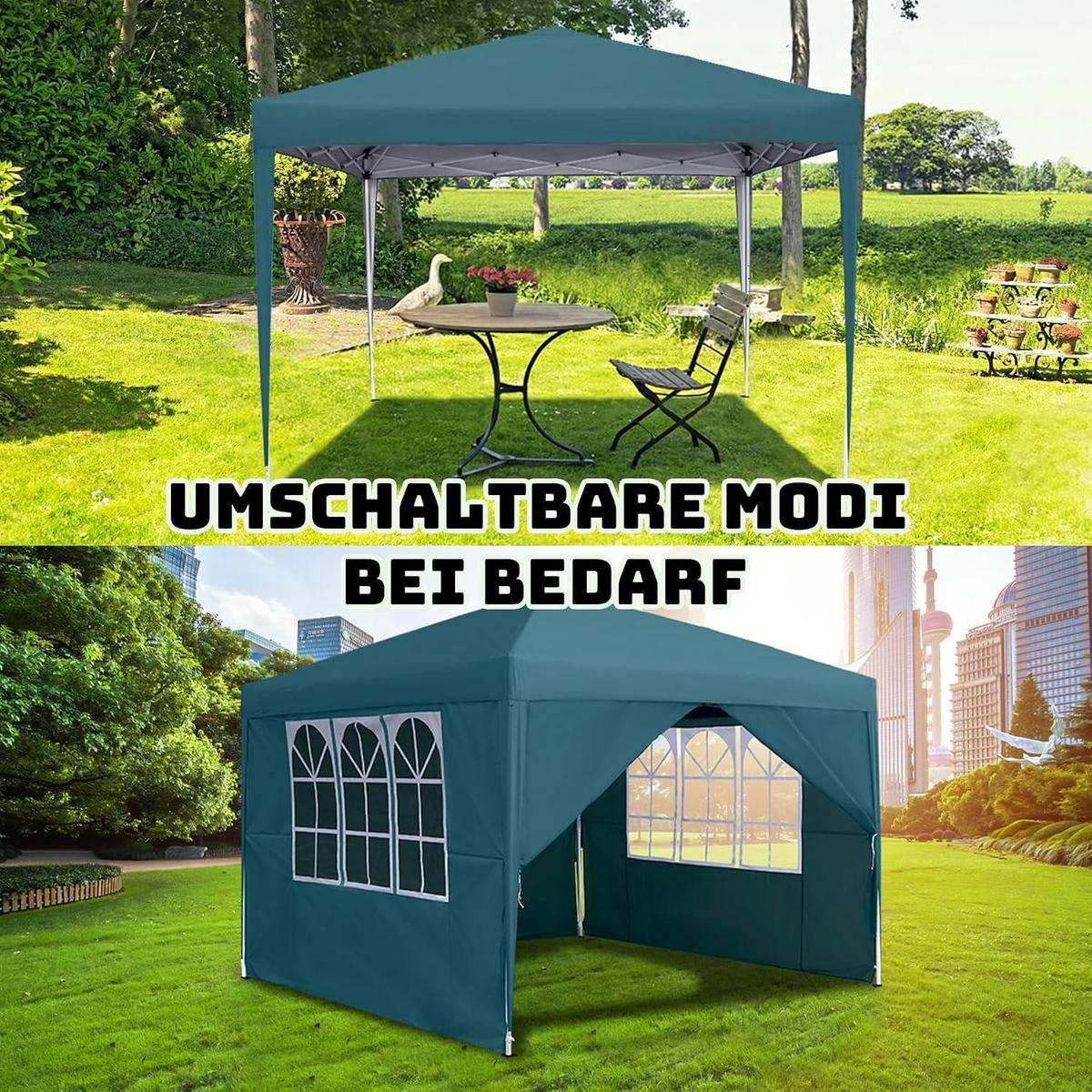 FALTPAVILLON 3 x 3 m mit 4 Seitenteilen und Fenstern Grün - Petrol, Textil (300/260/300cm)
