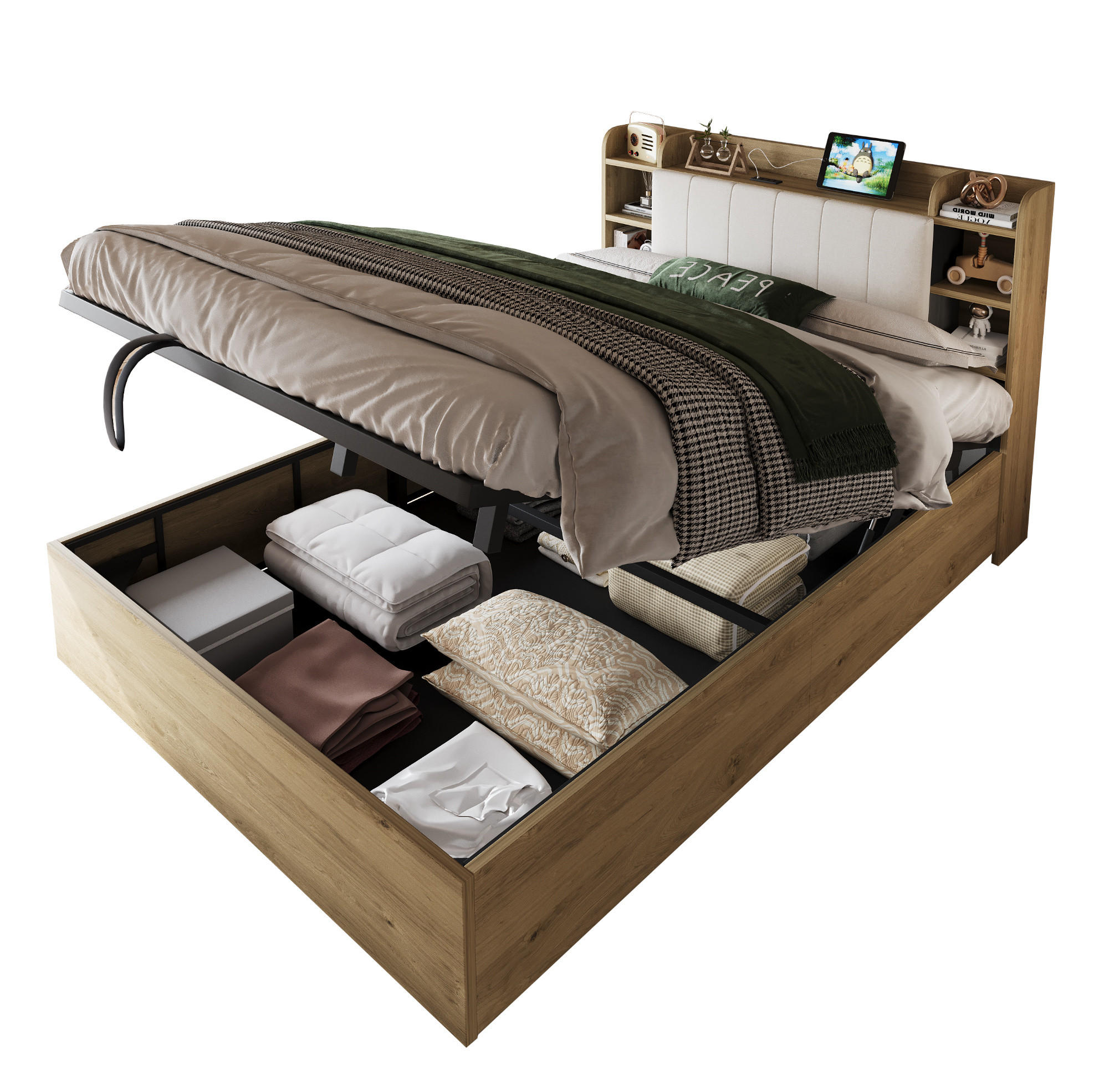 POSTEL 180/200 cm z MDF s hydraulickým úložným prostorem, USB a USB-C zásuvkou a čelem s policemi, Šedá / Dřevěná - šedá, kompozitní dřevo (180/200cm) - Redom