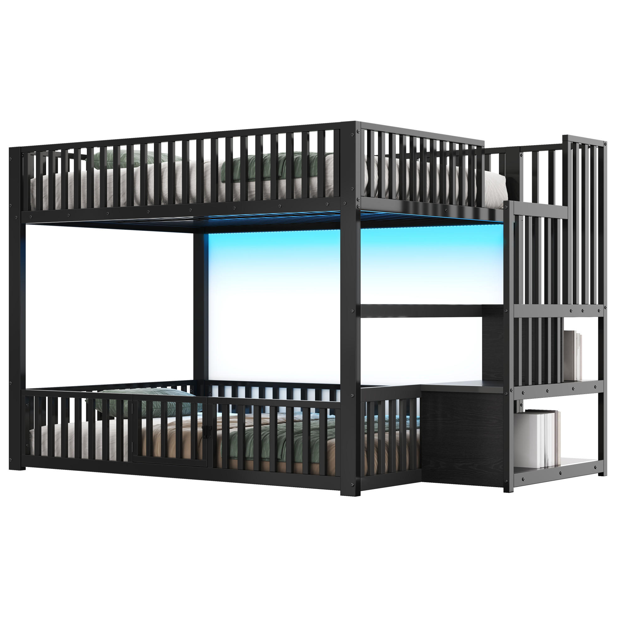 ETAGENBETT 140/200 cm aus Metall und MDF mit LED-Beleuchtung und Stauraumleiter Schwarz - Schwarz, Holzwerkstoff (140/200cm) - Modenvie
