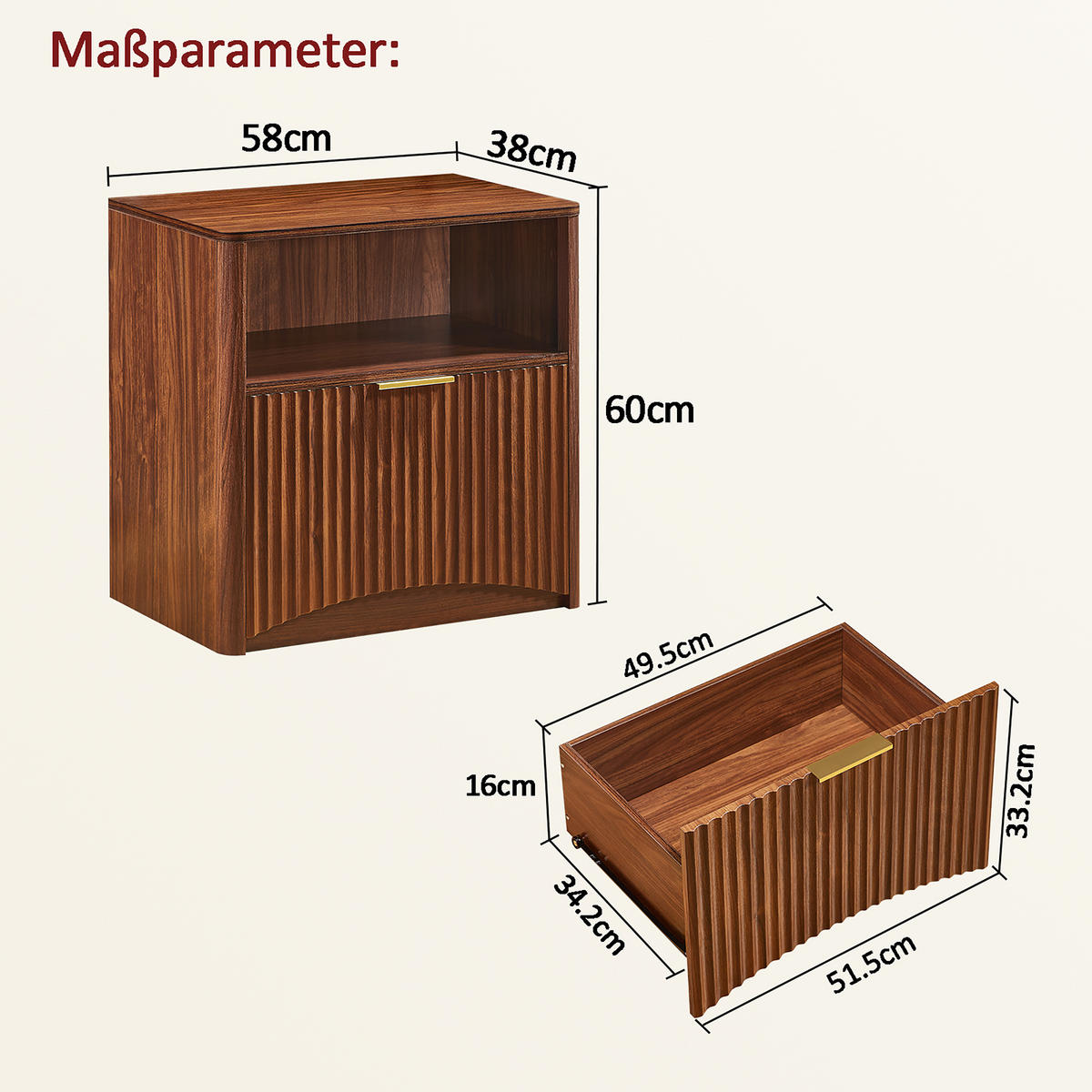NACHTTISCH aus MDF und Spanplatte 38x58x60 cm Walnussfarben mit Schublade, offenem Fach und Rillendesign - Walnussfarben, Holzwerkstoff (58/60/38cm) - Modfu