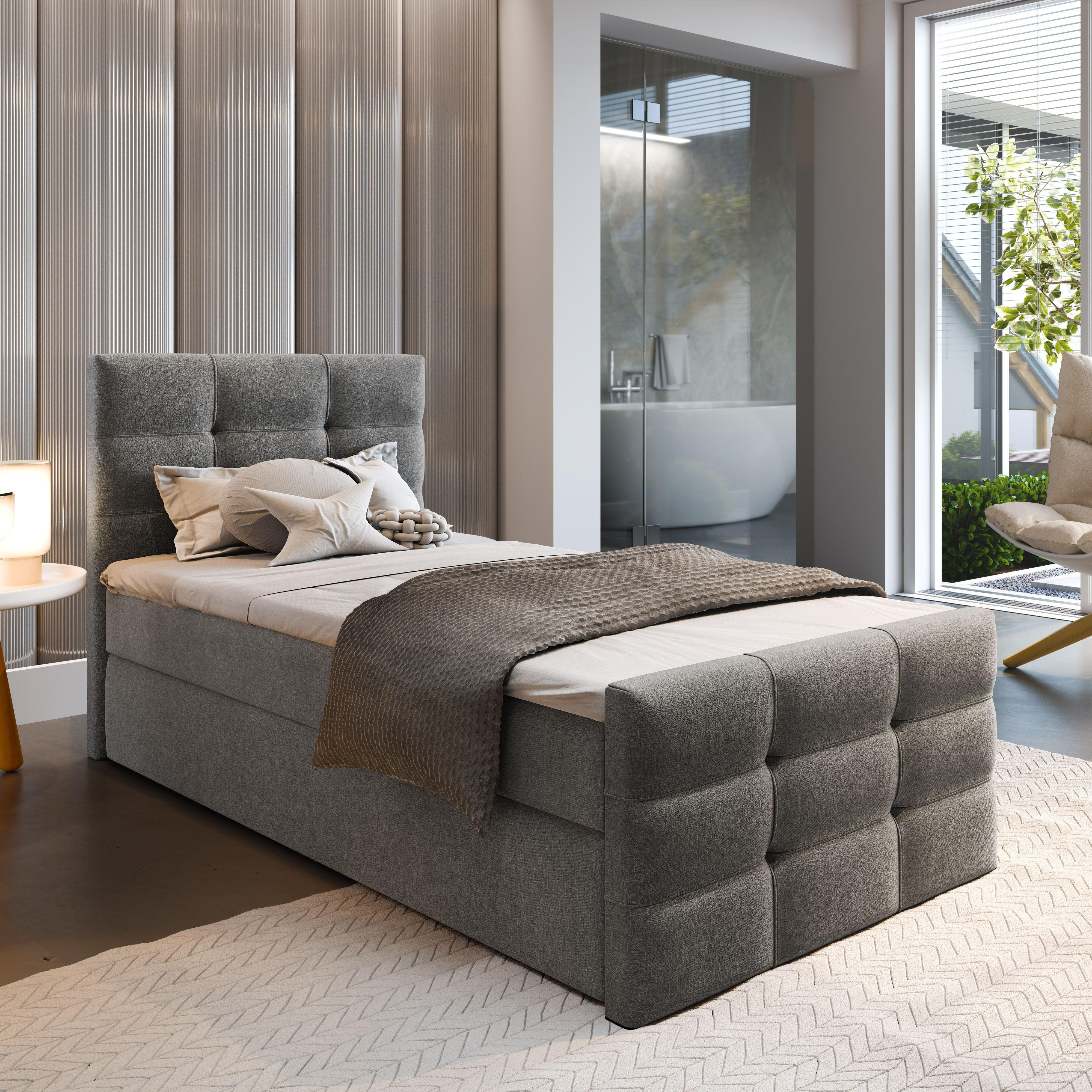 BOXBETT AMON 100 100x200 cm mit Matratze und Topper - Grau - Grau, Holz (100/200cm) - MASSENO