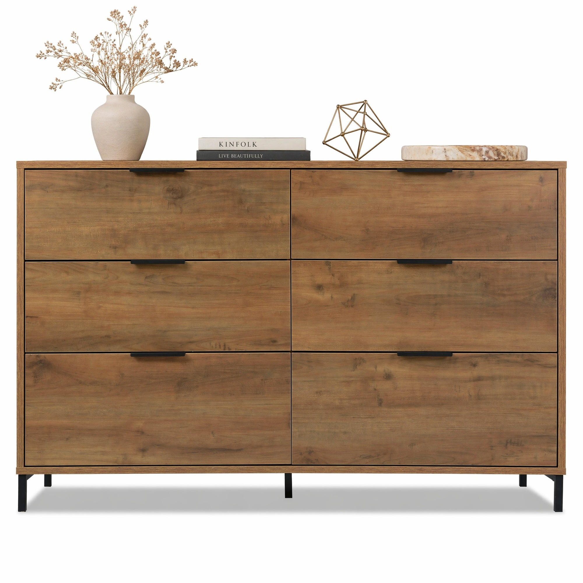 KOMODA tmavě dubová, 6 zásuvek, do ložnice a obytných prostor, 120×40×76 cm - černá/barva dubu, kov/kompozitní dřevo (120/76/40cm) - STILVORA