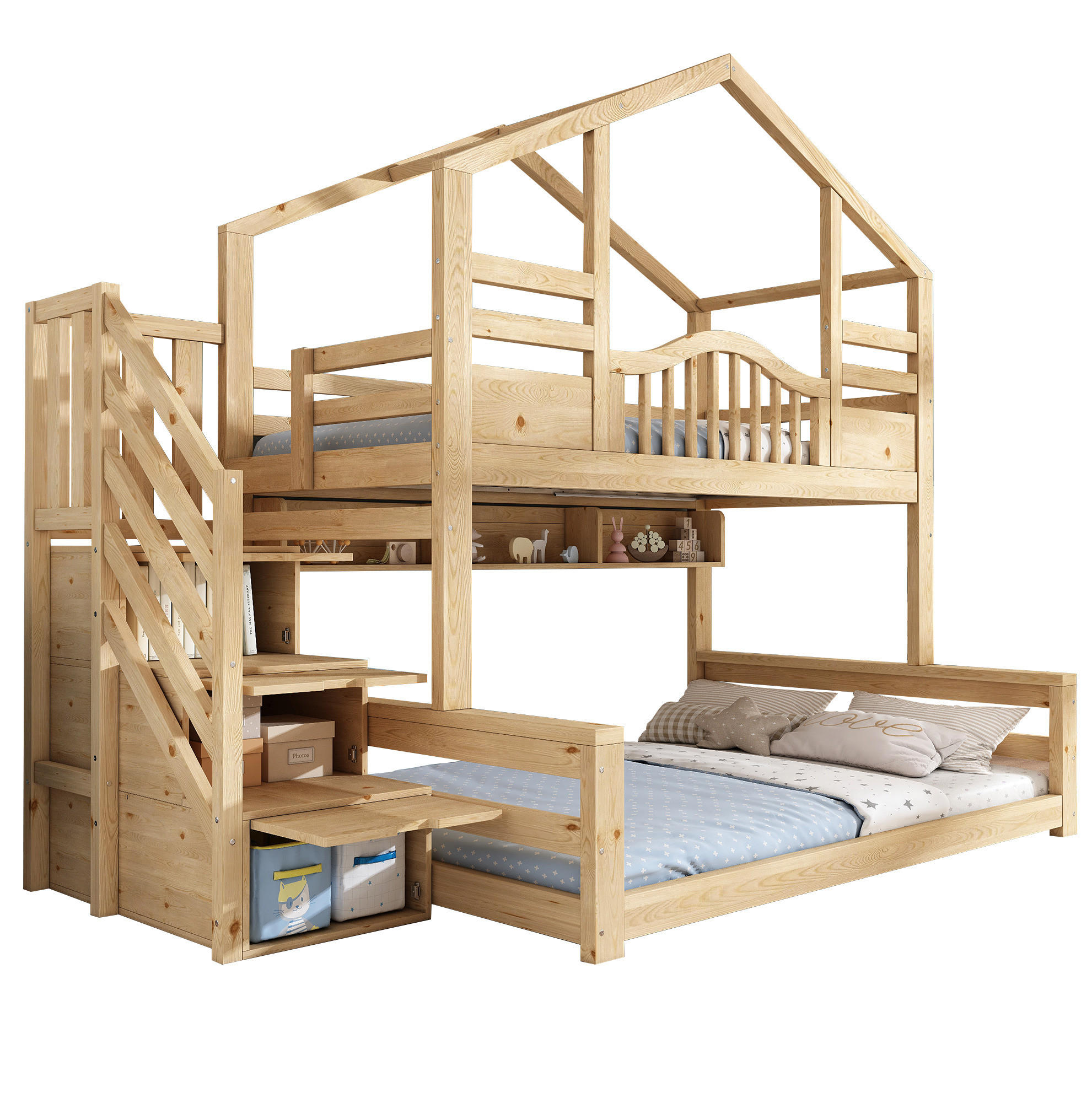 ETAGENBETT 90/140/200 cm aus Holz mit Treppenschrank, Natur - Beige, Holz (90/200cm) - OKMYHOME