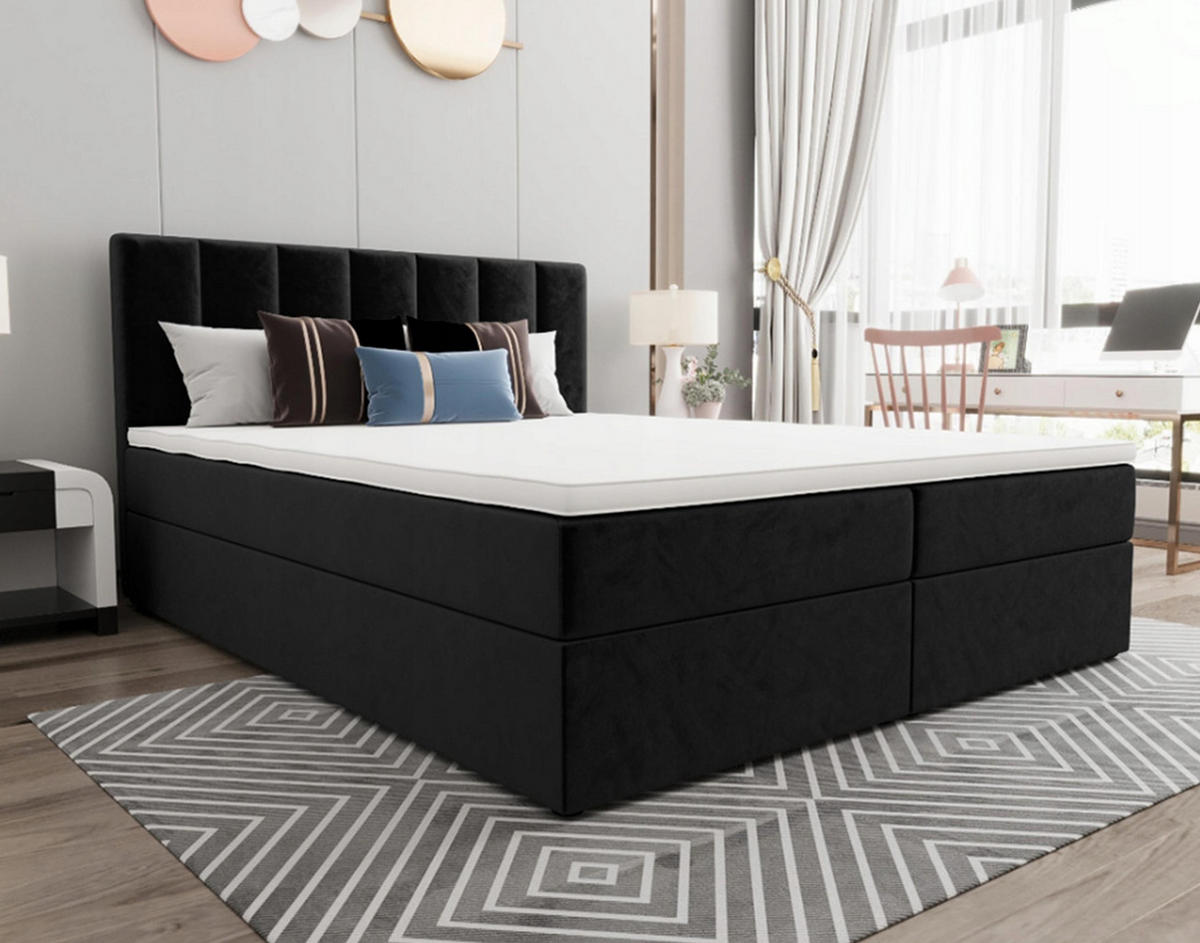 BOXBETT Benetutti 160/200 cm in Schwarz – mit Bettkasten und Topper - Schwarz, Holz/Holzwerkstoff (160/200cm) - AX Living