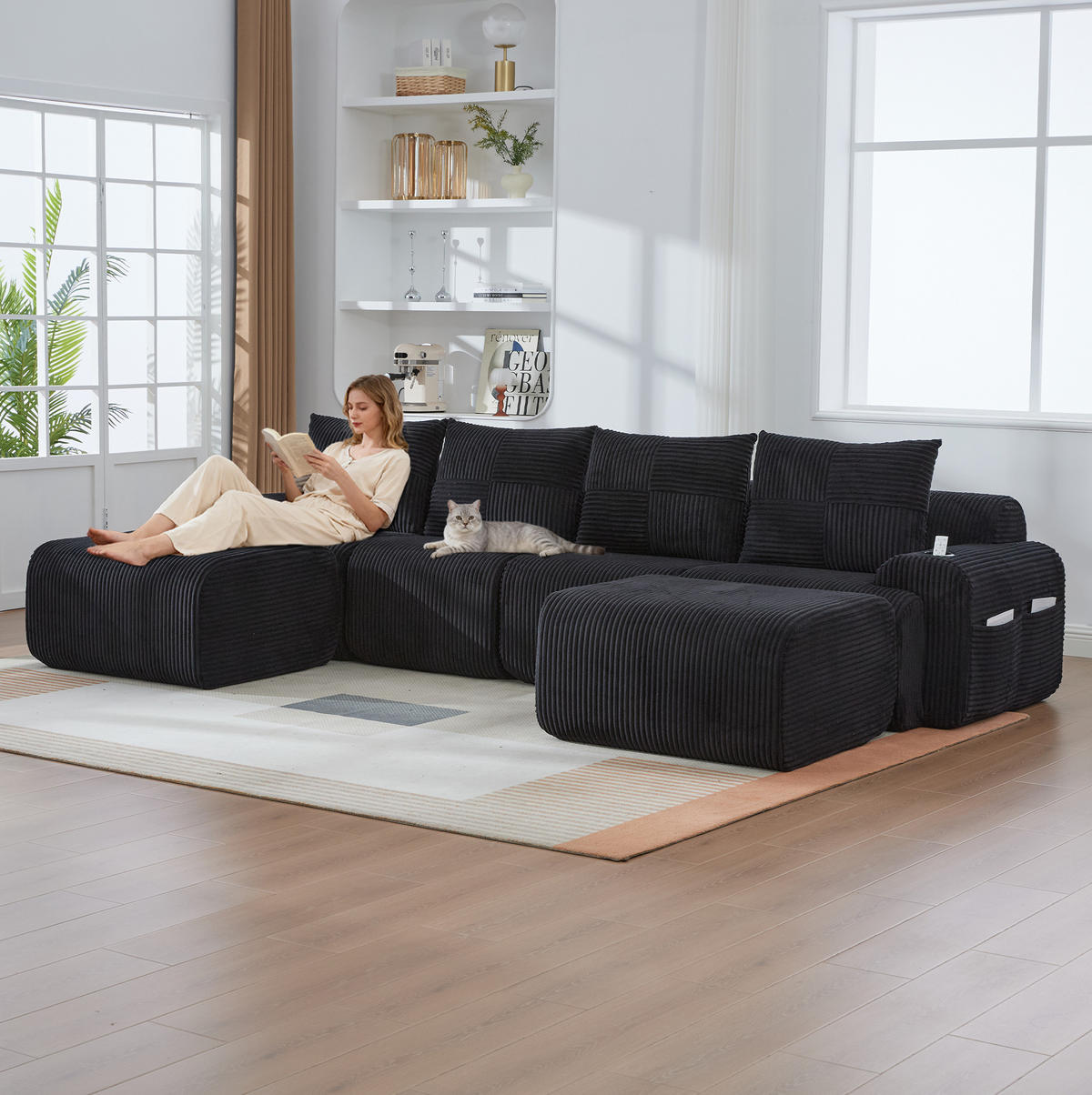 WOHNLANDSCHAFT modular 4-Sitzer ca. 333 x 174 cm Cordstoff Black 3-tlg. - Schwarz, Kunststoff (174/80/333cm) - Meubliv